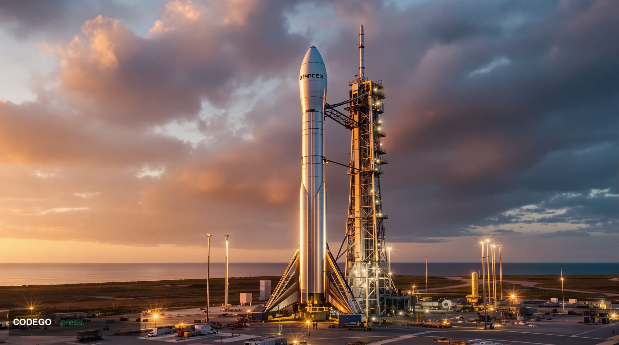 A cinematic aerial photograph of SpaceX's Starbase facility in Boca Chica, Texas, captured during golden hour with dramatic c