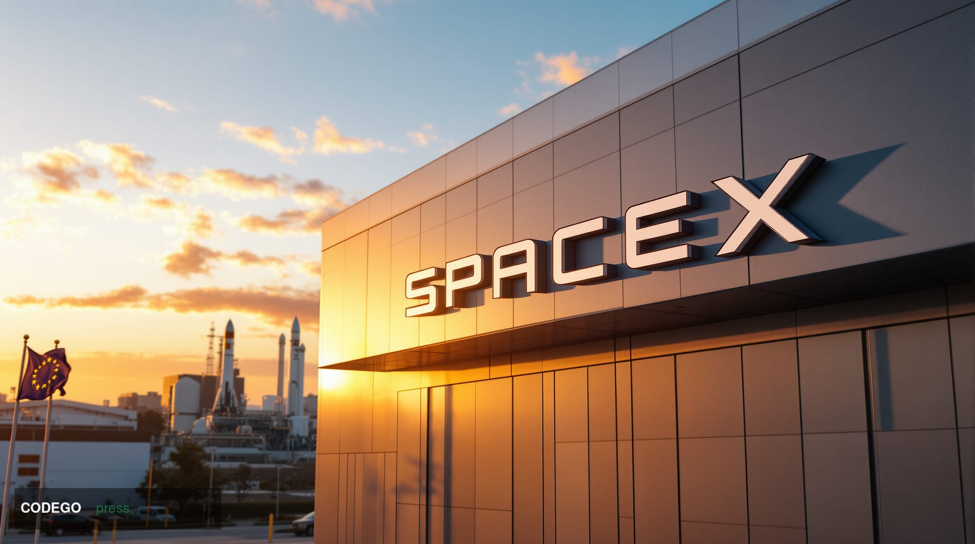 A cinematic editorial photograph of SpaceX's Hawthorne headquarters exterior at golden hour, with the iconic SpaceX logo prom