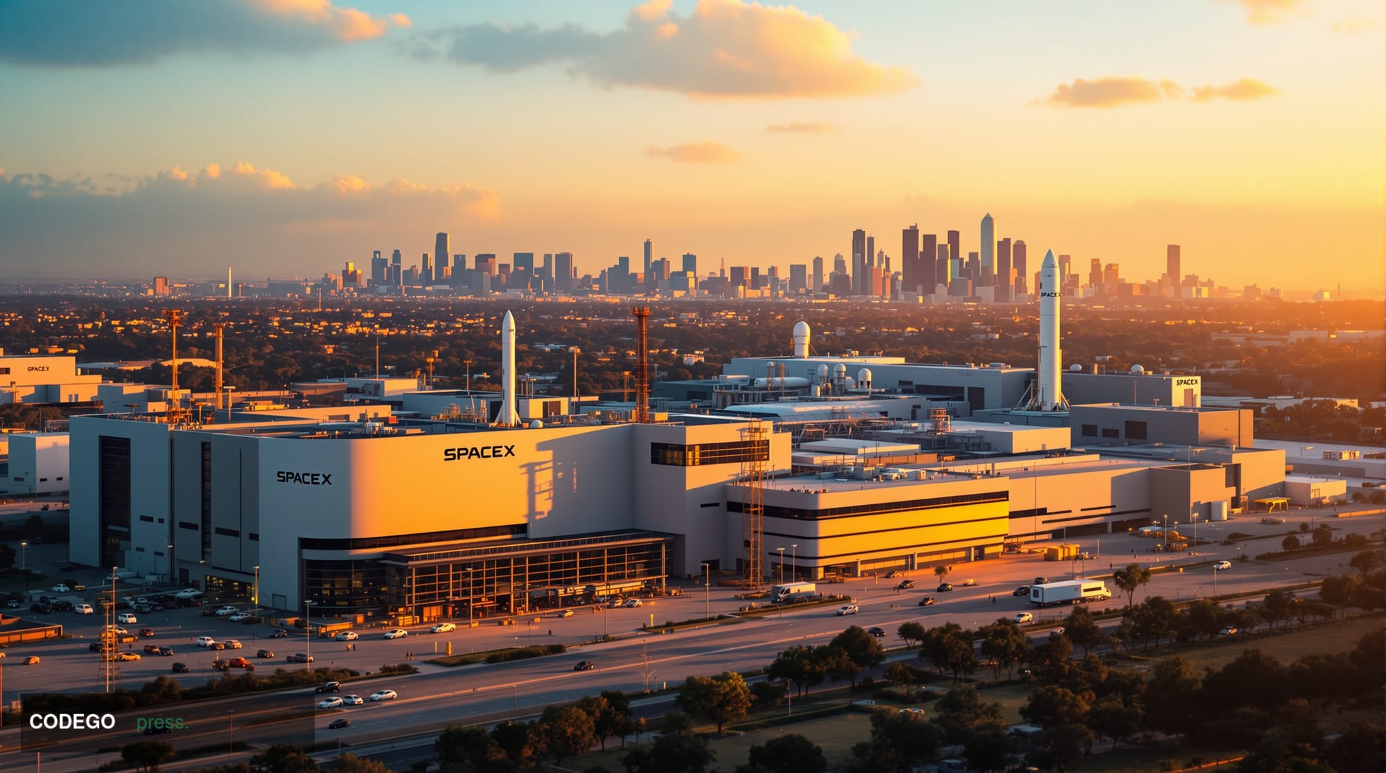 A dramatic wide-angle shot of SpaceX's Hawthorne headquarters complex in California, captured during golden hour with warm am
