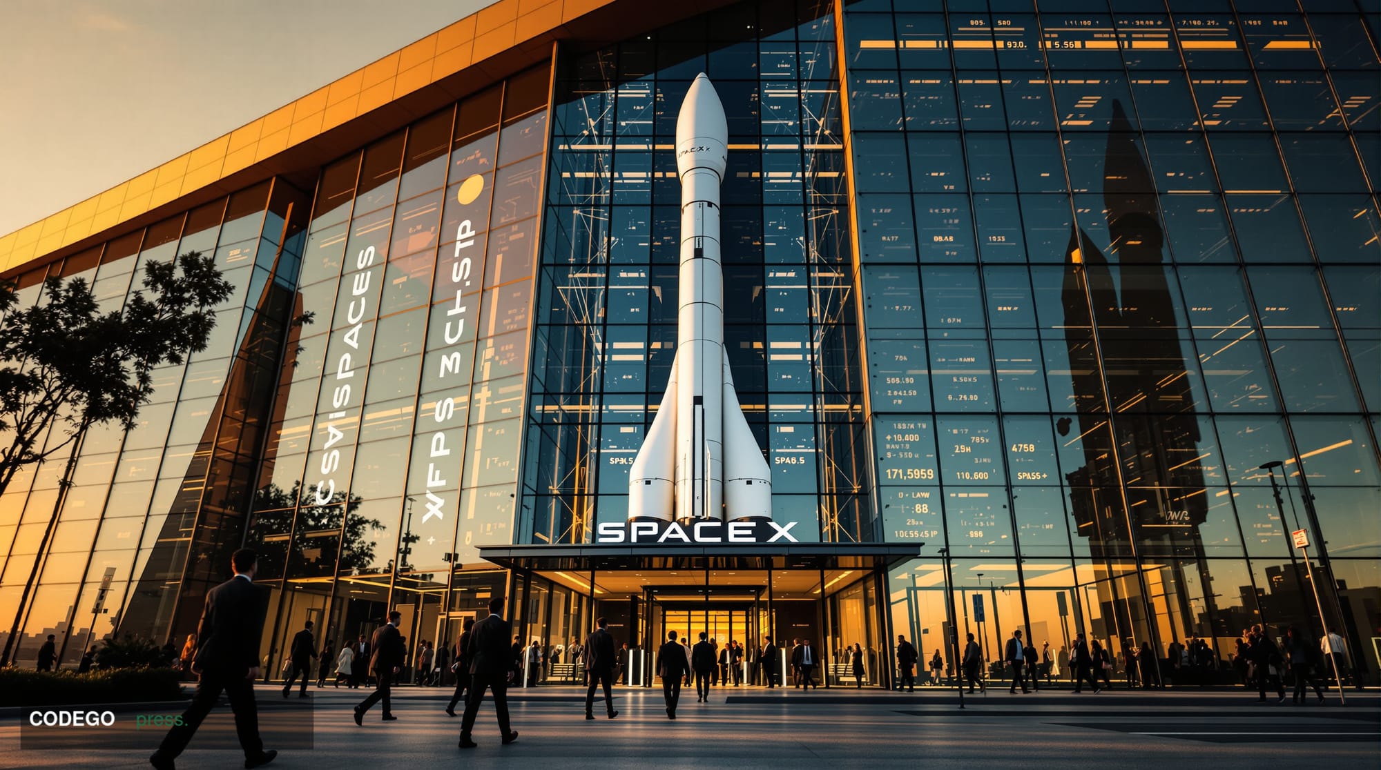 A dramatic cinematic photograph of SpaceX's Hawthorne, California headquarters exterior during golden hour, with the iconic S