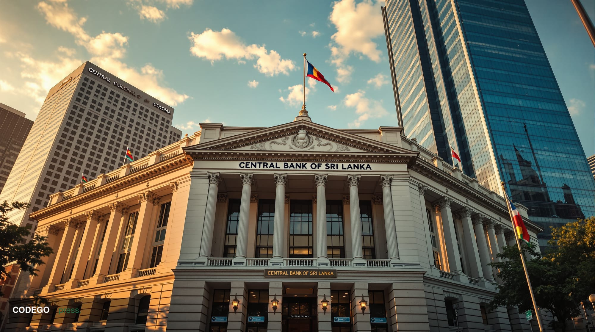 A cinematic editorial photograph capturing the Central Bank of Sri Lanka's imposing colonial-era headquarters building in Col