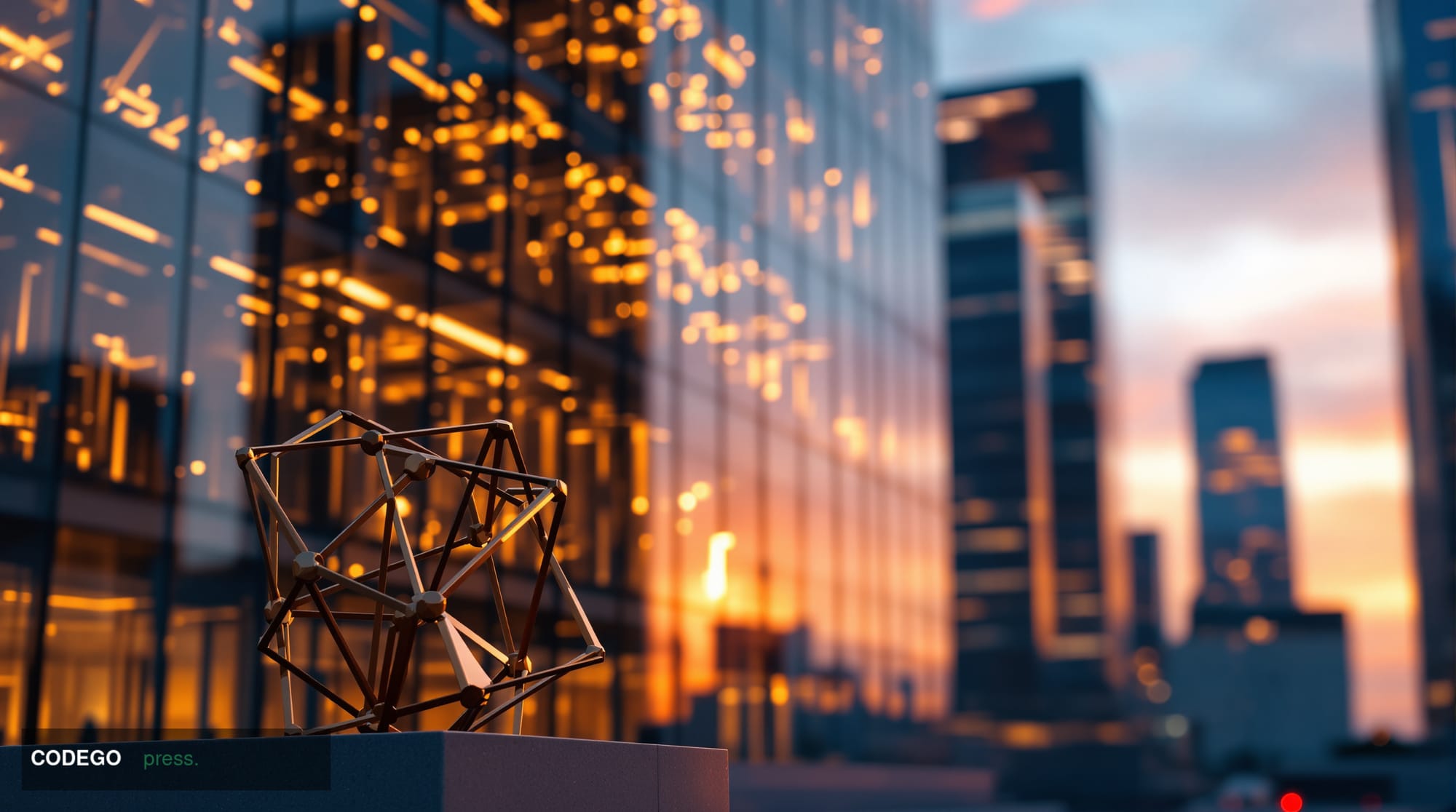 A cinematic editorial photograph showing the modern glass facade of a corporate headquarters building at golden hour, with wa