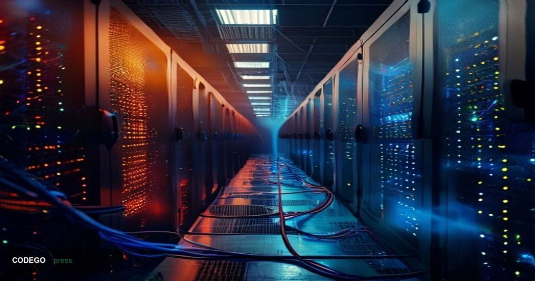 A dramatic editorial photograph showing a high-tech data center or server room bathed in amber warning lights, with rows of b