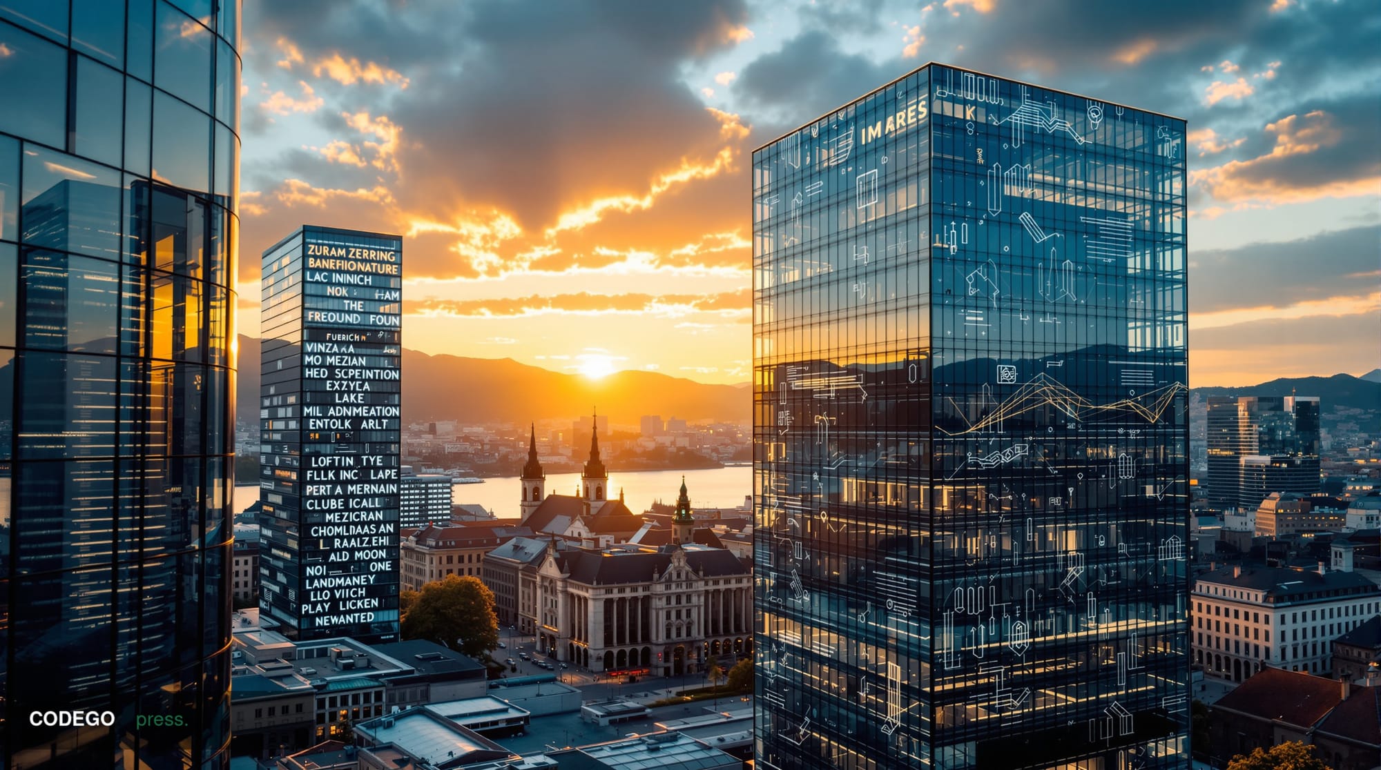 A striking editorial photograph showcasing the intersection of Swiss banking tradition and AI technology. The scene features 