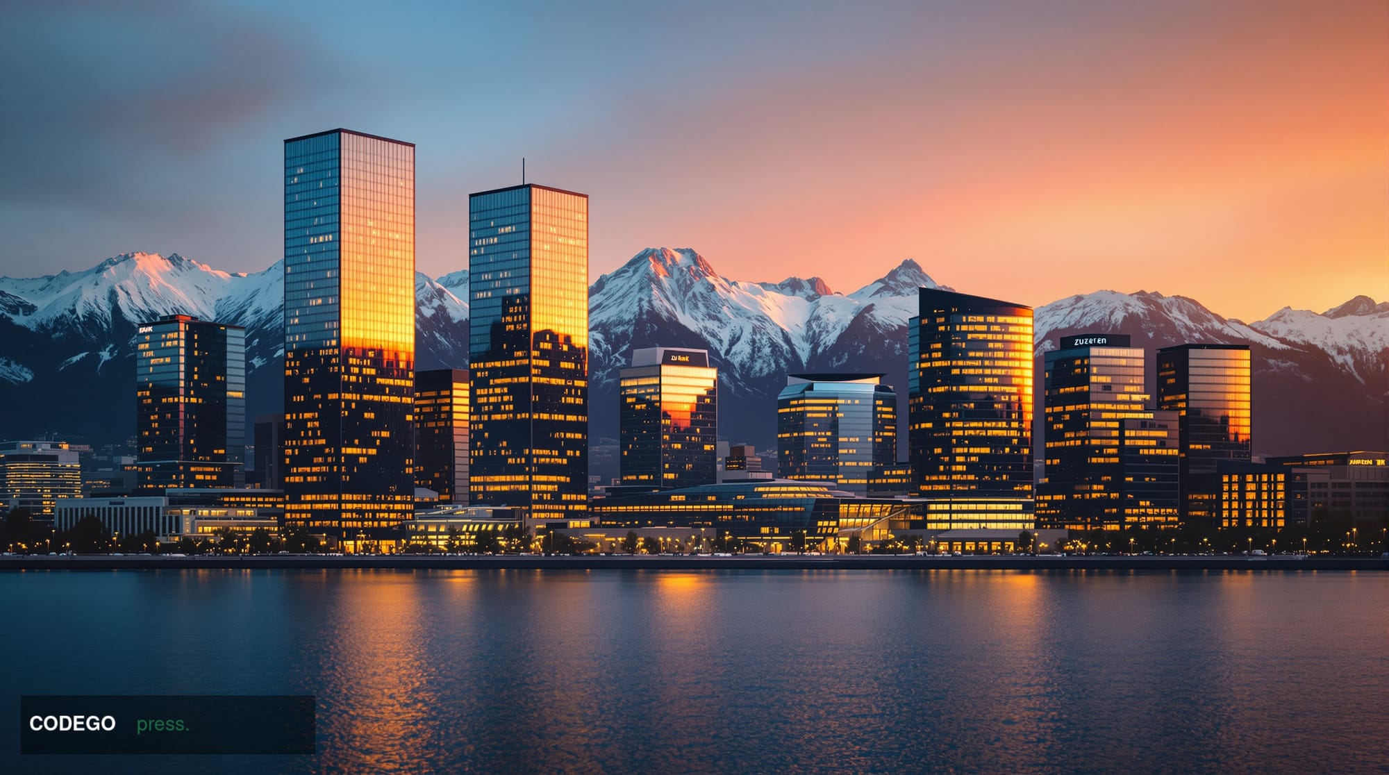 A photorealistic editorial photograph of the iconic Zurich financial district skyline at golden hour, featuring the distincti