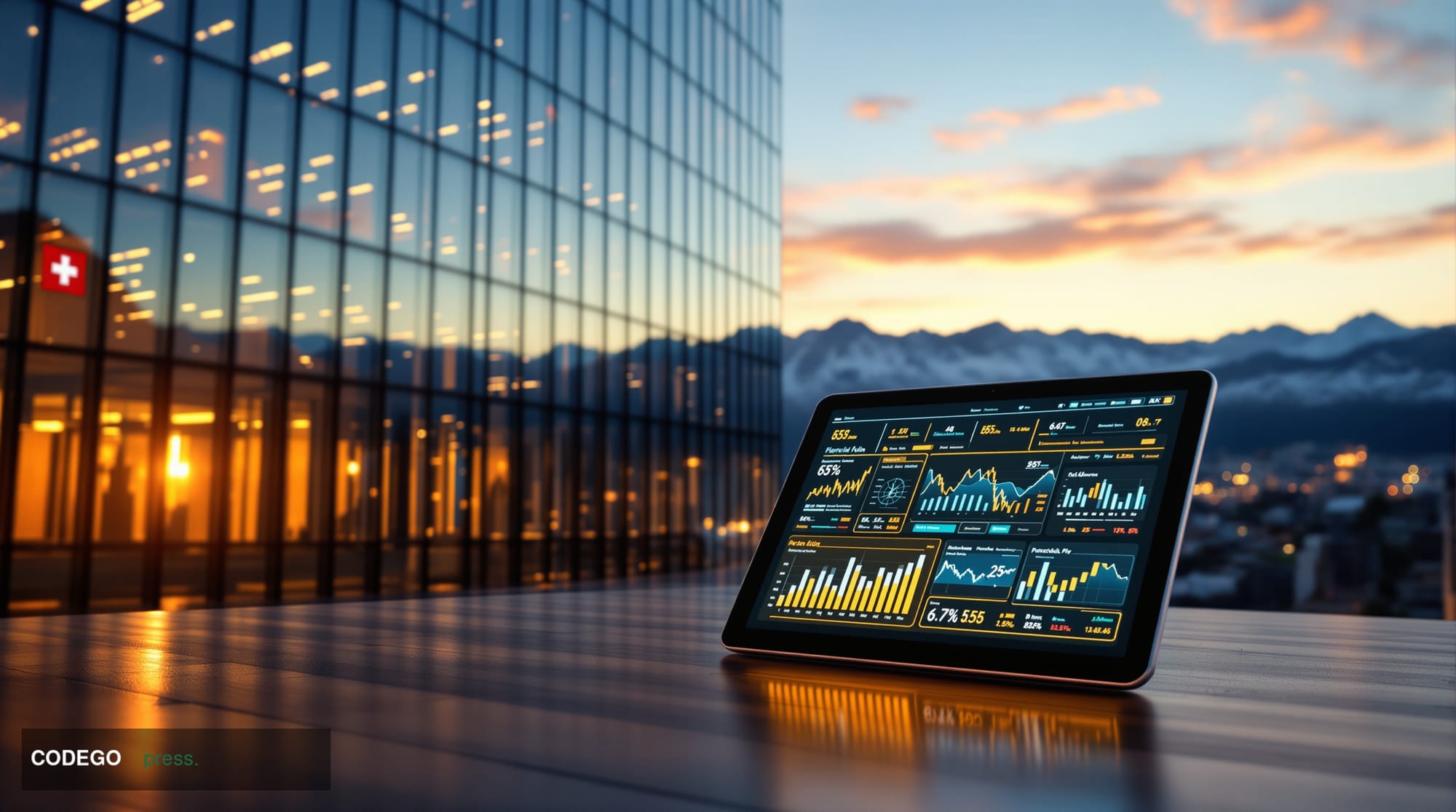 A photorealistic editorial photograph showcasing the Swiss financial landscape with findependent's achievement. The scene cap