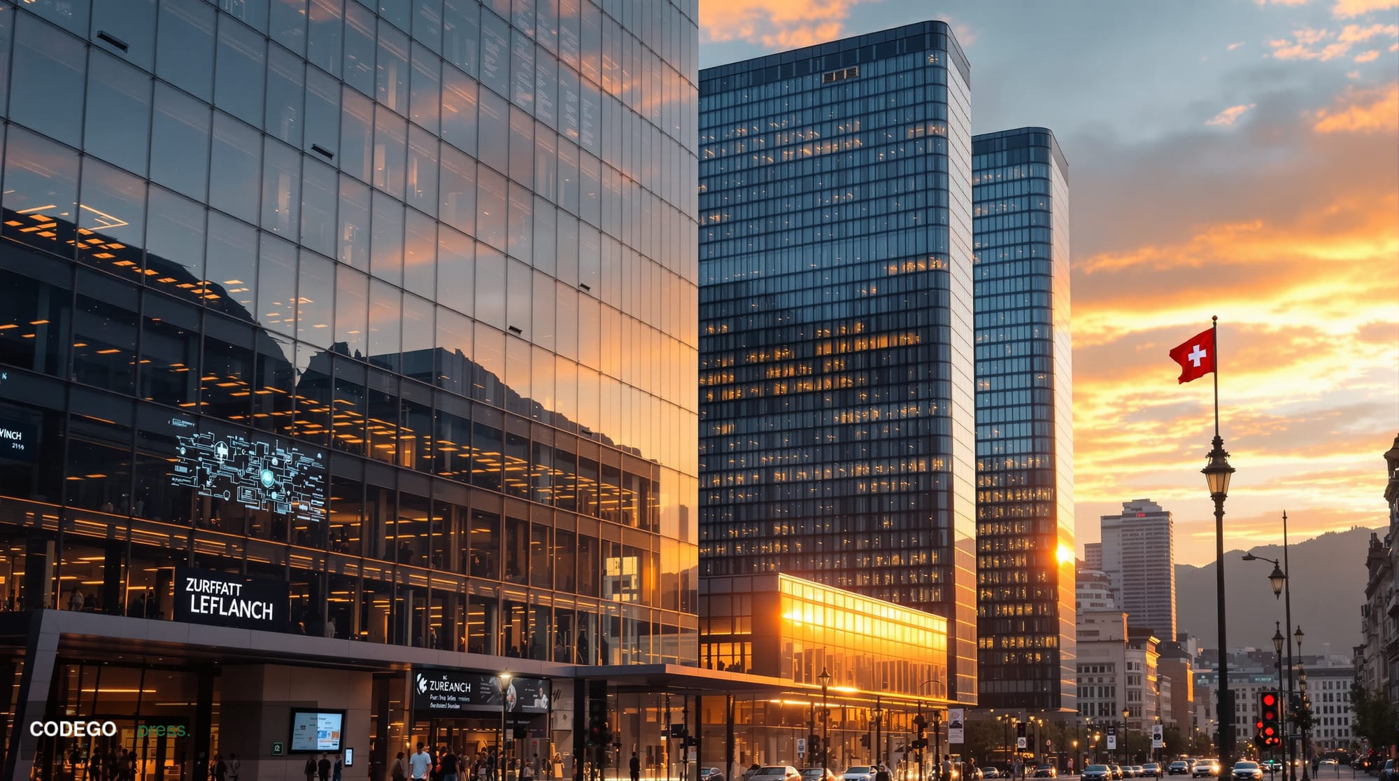 A photorealistic editorial photograph of the Swiss financial district in Zurich at golden hour, featuring modern glass office