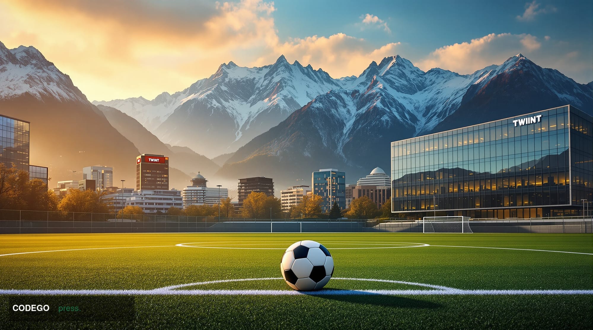 A photorealistic editorial photograph showcasing the intersection of Swiss fintech and football culture. The scene captures t