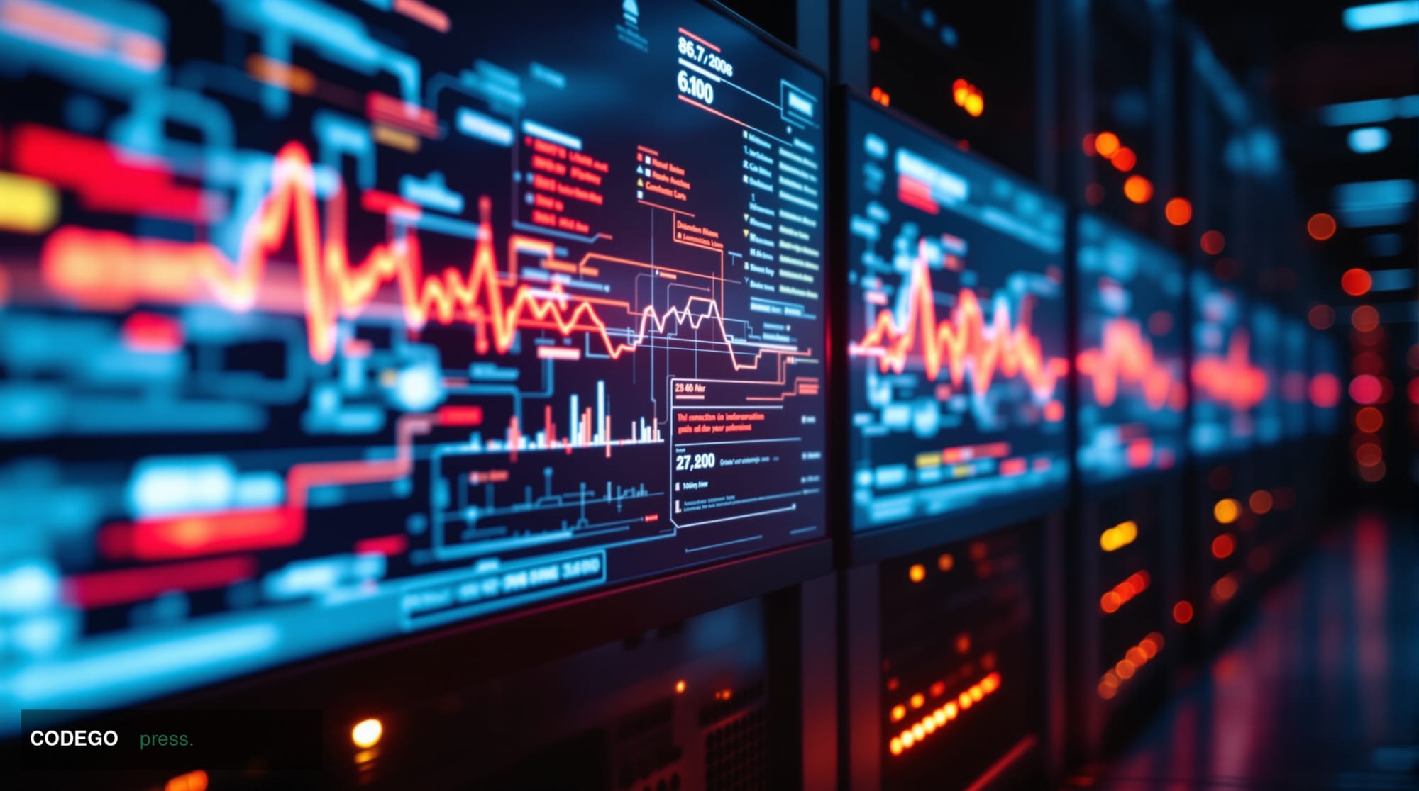 A photorealistic editorial photograph showing a dramatic close-up of multiple computer server screens displaying blockchain n
