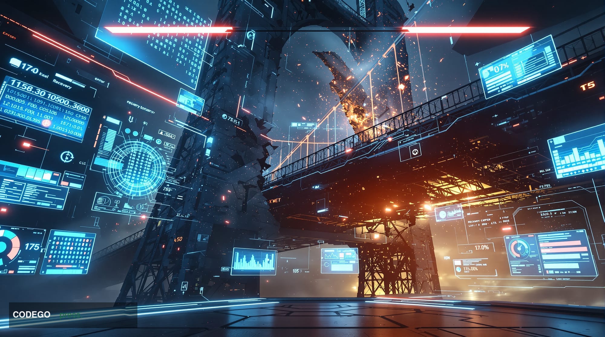 A dramatic photorealistic editorial photograph showing a futuristic blockchain bridge structure partially collapsed or under 