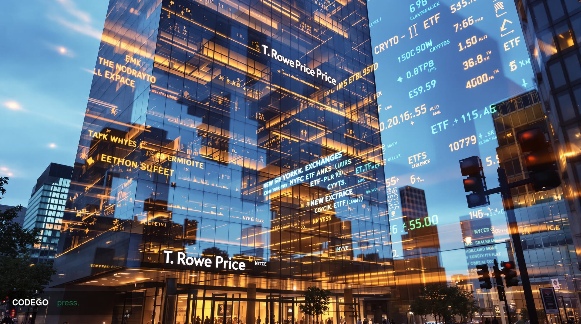 A photorealistic editorial photograph showcasing the T. Rowe Price headquarters in Baltimore, Maryland, with its distinctive 