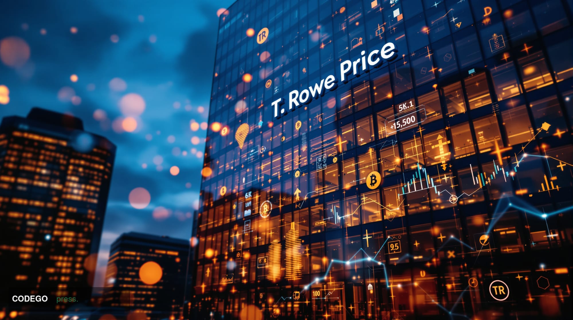 A cinematic editorial photograph of T. Rowe Price's distinctive Baltimore headquarters building at dusk, captured from a low 