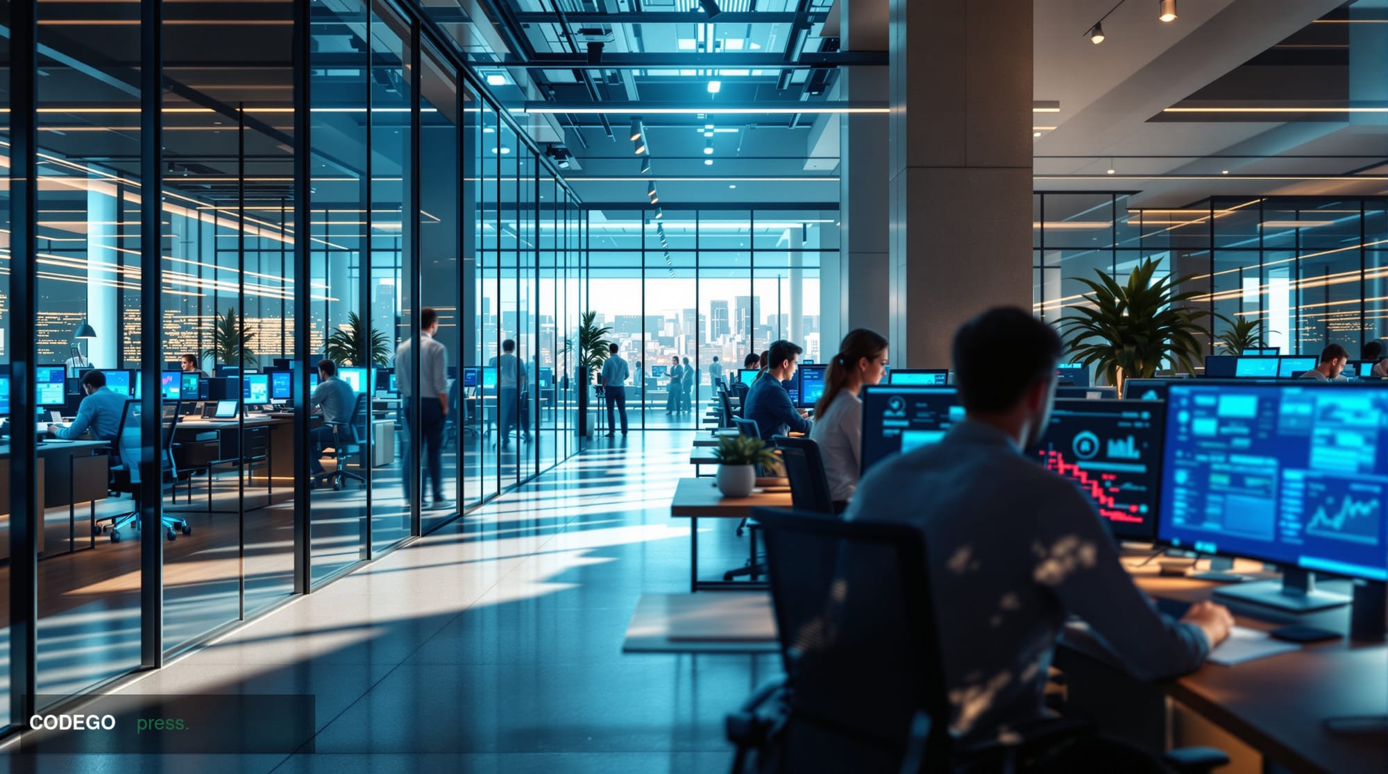 A photorealistic editorial photograph showcasing a modern fintech office environment with sleek glass conference rooms and op