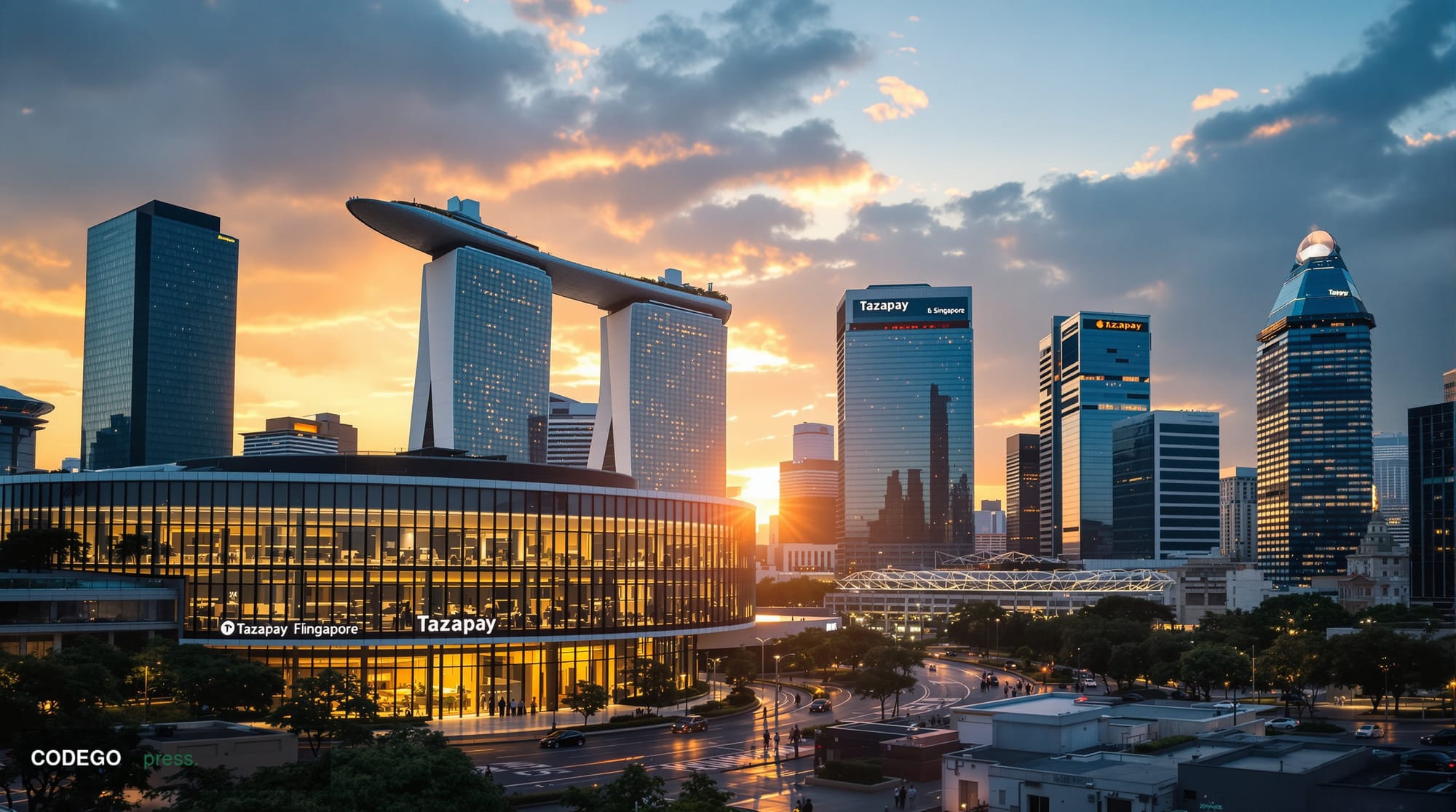 A cinematic editorial photograph of Singapore's modern financial district skyline at golden hour, with the iconic Marina Bay 