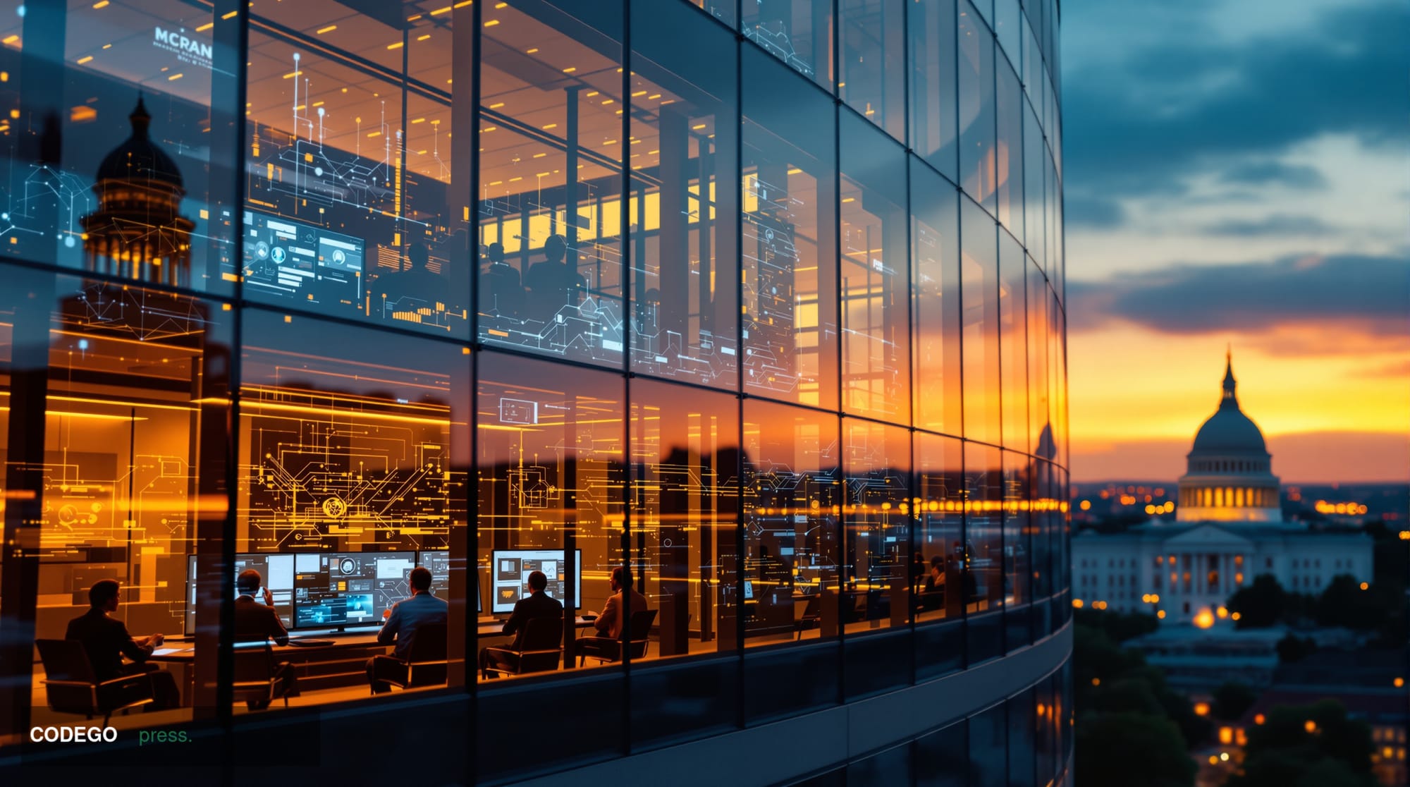 A cinematic editorial photograph showing the iconic glass facade of the Department of Justice building in Washington DC at go
