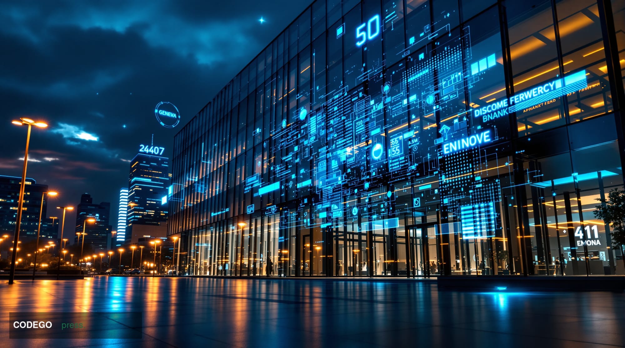 A cinematic editorial photograph showcasing the merger of two major fintech entities in Switzerland's financial technology la