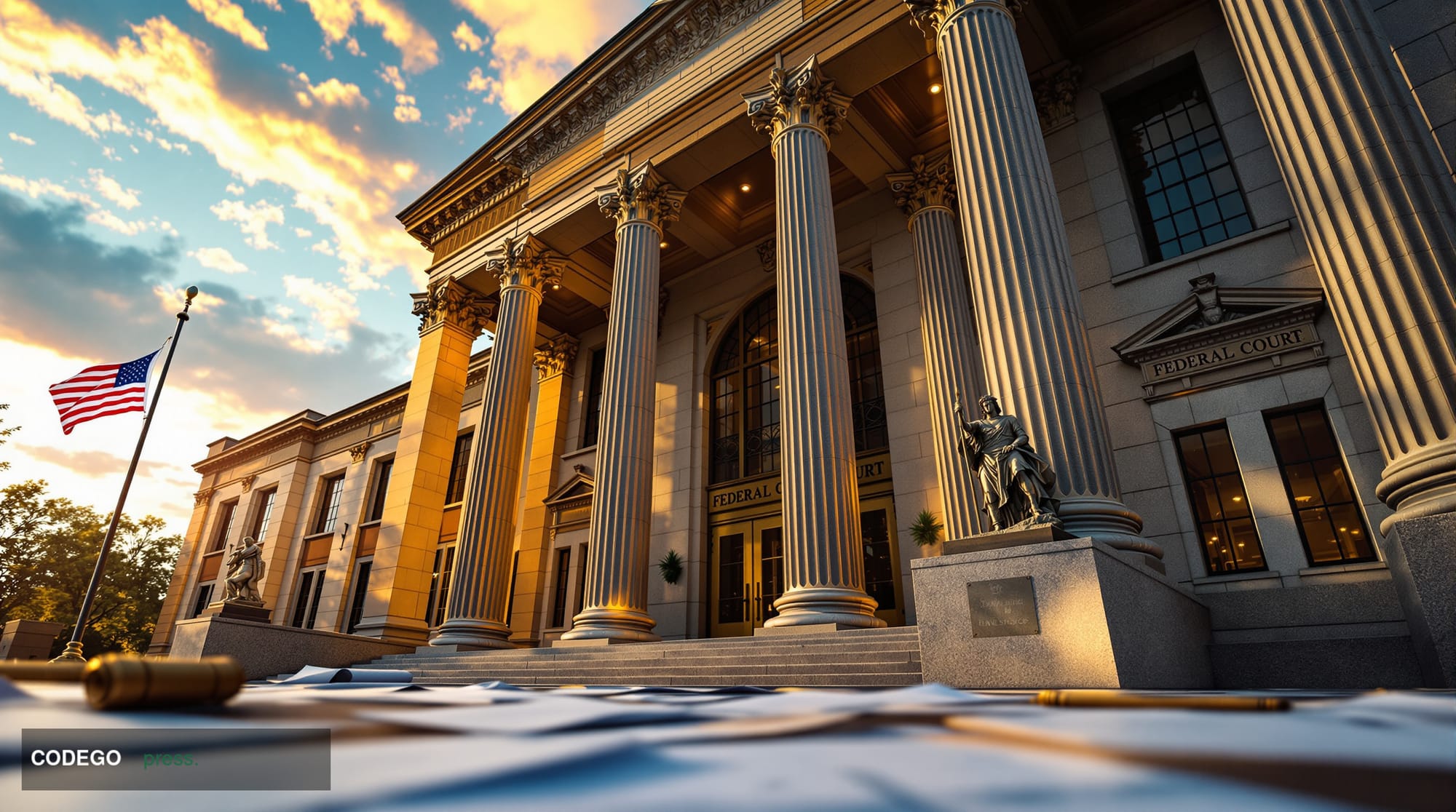 A dramatic courtroom scene in Tennessee showing federal courthouse architecture with American flag, captured in cinematic edi
