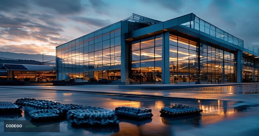 A photorealistic editorial photograph showing Tesla's Fremont factory exterior with its distinctive modern industrial archite