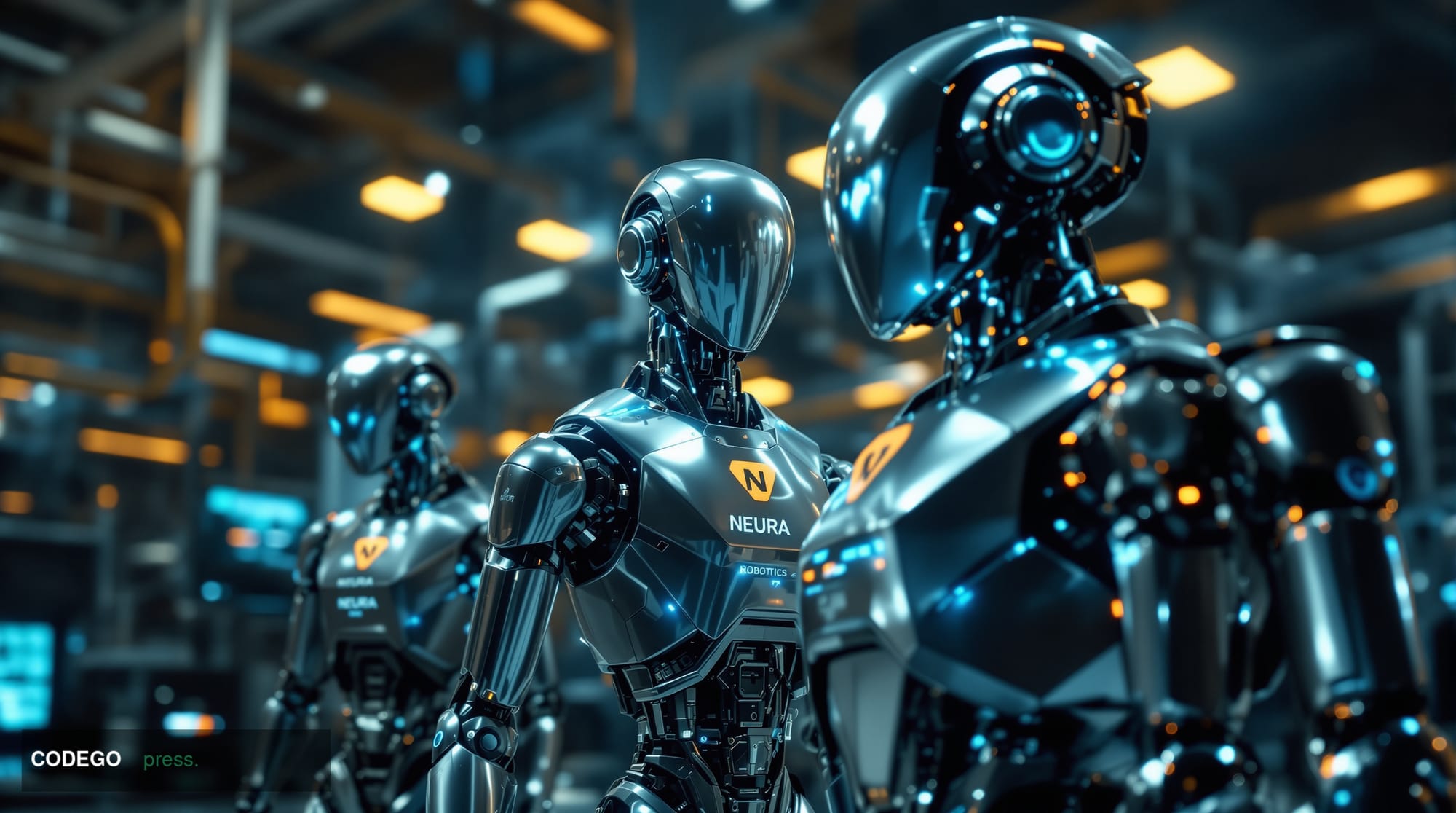 A cinematic editorial photograph showcasing advanced humanoid robots in a high-tech manufacturing facility, with subtle NEURA