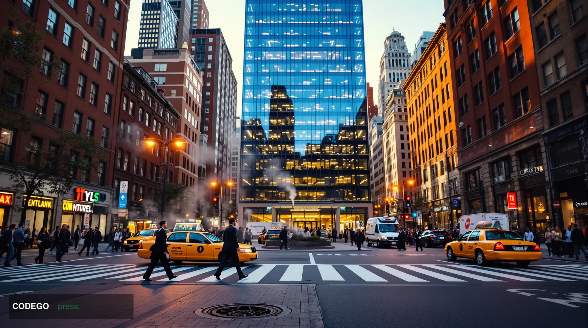 A photorealistic editorial photograph capturing the bustling Union Square district in New York City from a low-angle perspect