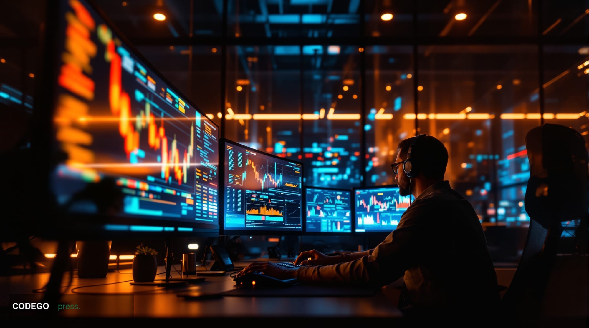 A cinematic editorial photograph showing a modern cryptocurrency trading office environment with multiple monitors displaying