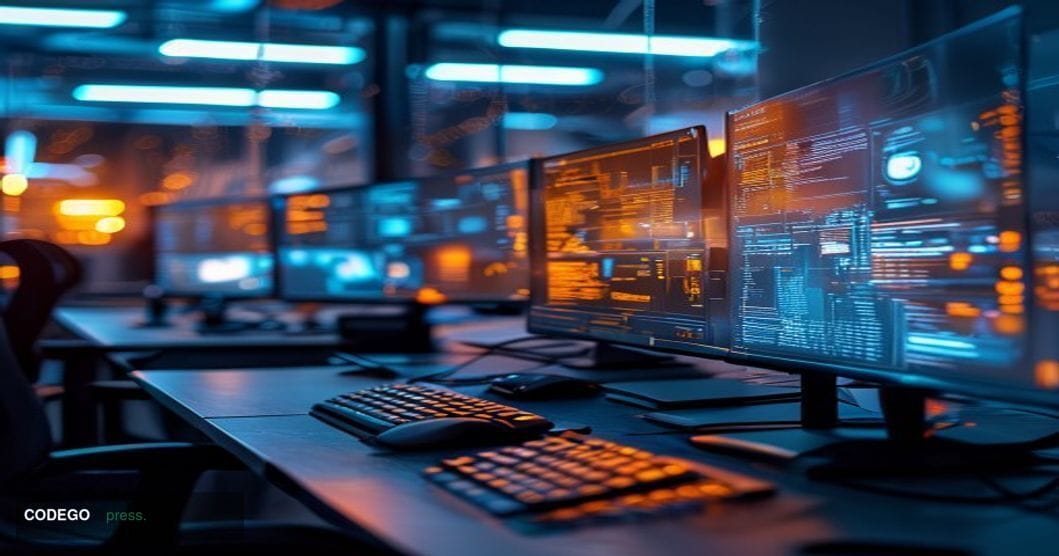 A cinematic editorial photograph showing a modern tech office environment with multiple computer screens displaying the TON b