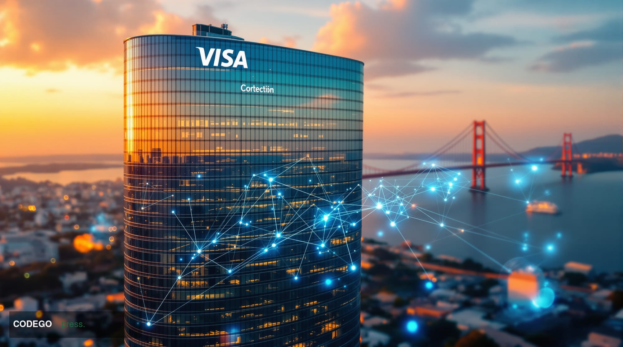 A cinematic aerial view of the towering glass headquarters of Visa in Foster City, California, with the distinctive curved ar