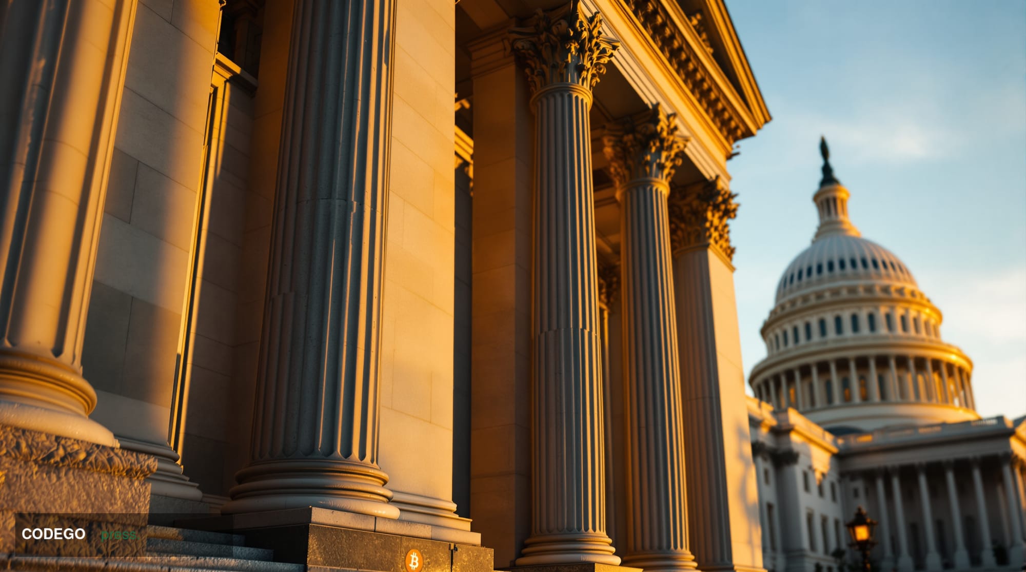 A cinematic editorial photograph of the U.S. Treasury Building in Washington D.C., captured during golden hour with dramatic 