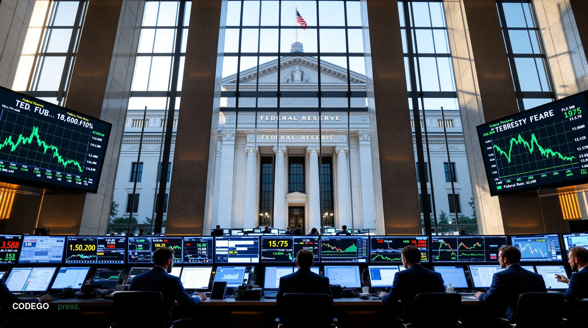 A sophisticated financial trading floor scene captured during an active trading session, with multiple large wall-mounted scr