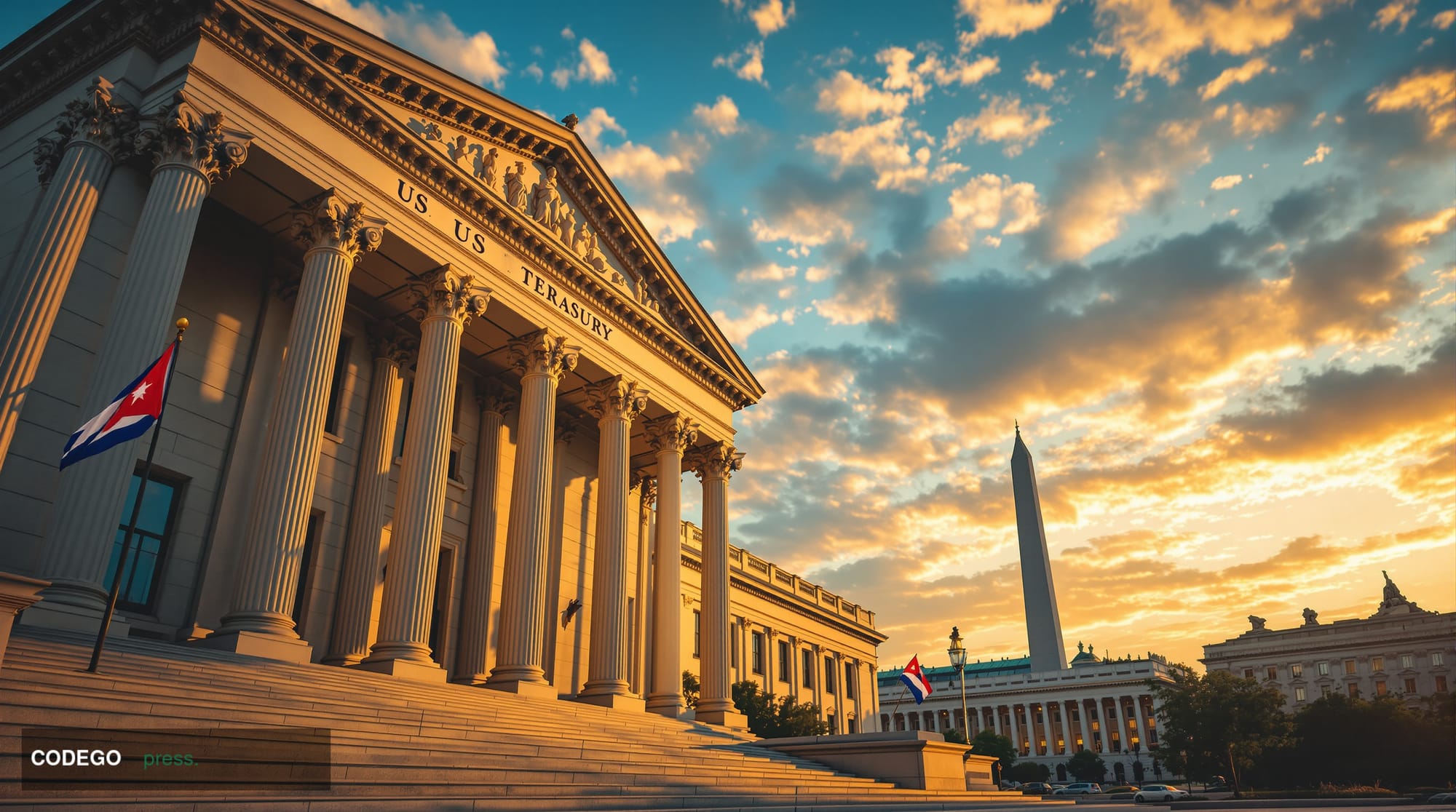 A dramatic photorealistic editorial photograph showing the imposing neoclassical facade of the US Treasury Department buildin