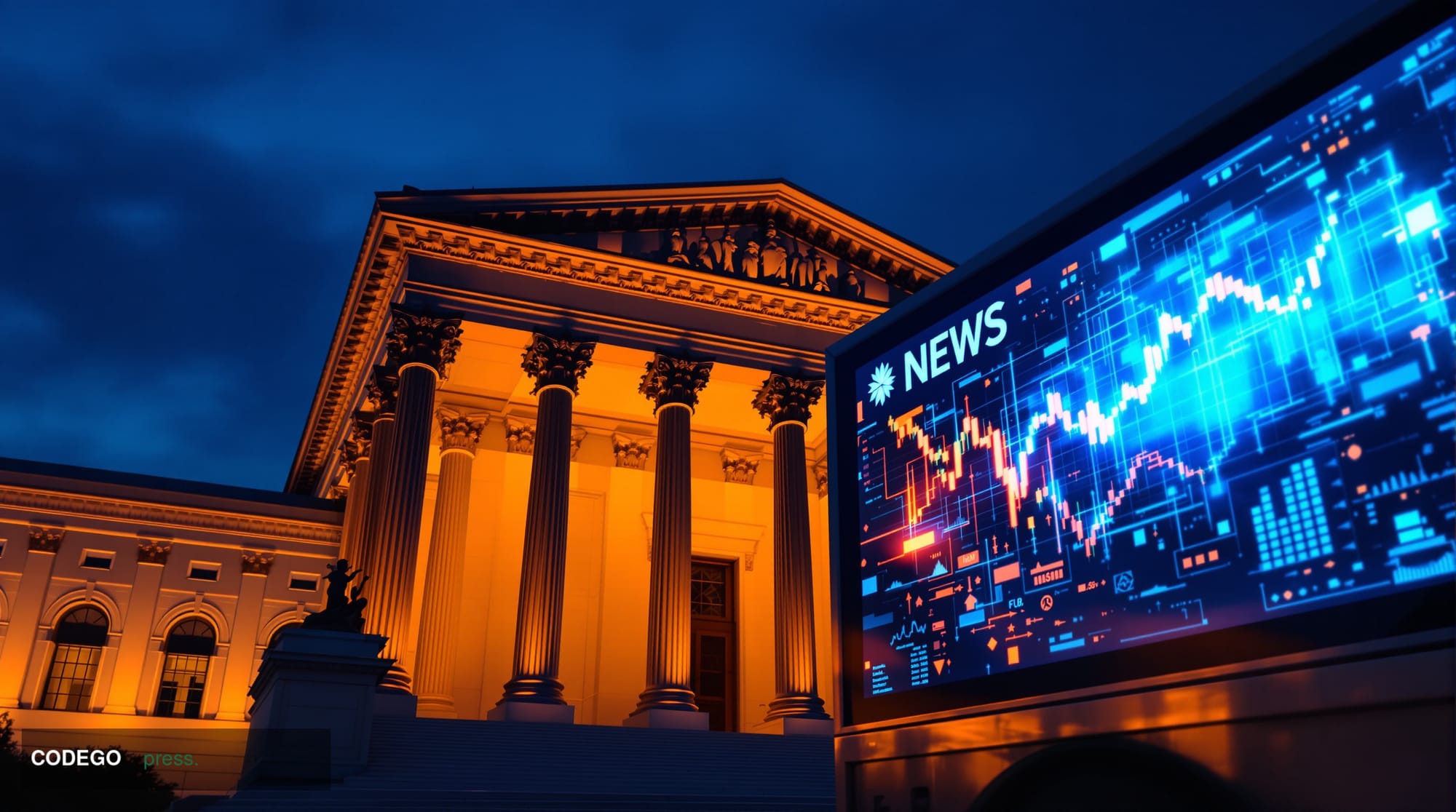 A dramatic photorealistic editorial scene showing the imposing neoclassical facade of the US Treasury Building in Washington 