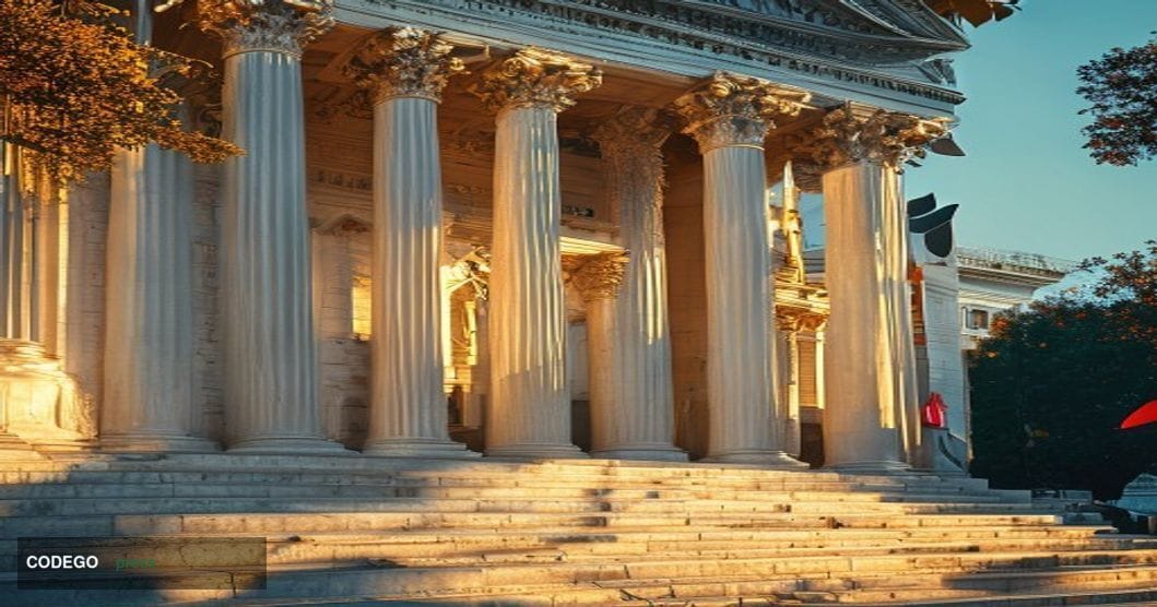 A dramatic photorealistic editorial news photograph showing the imposing neoclassical facade of the US Treasury Department bu