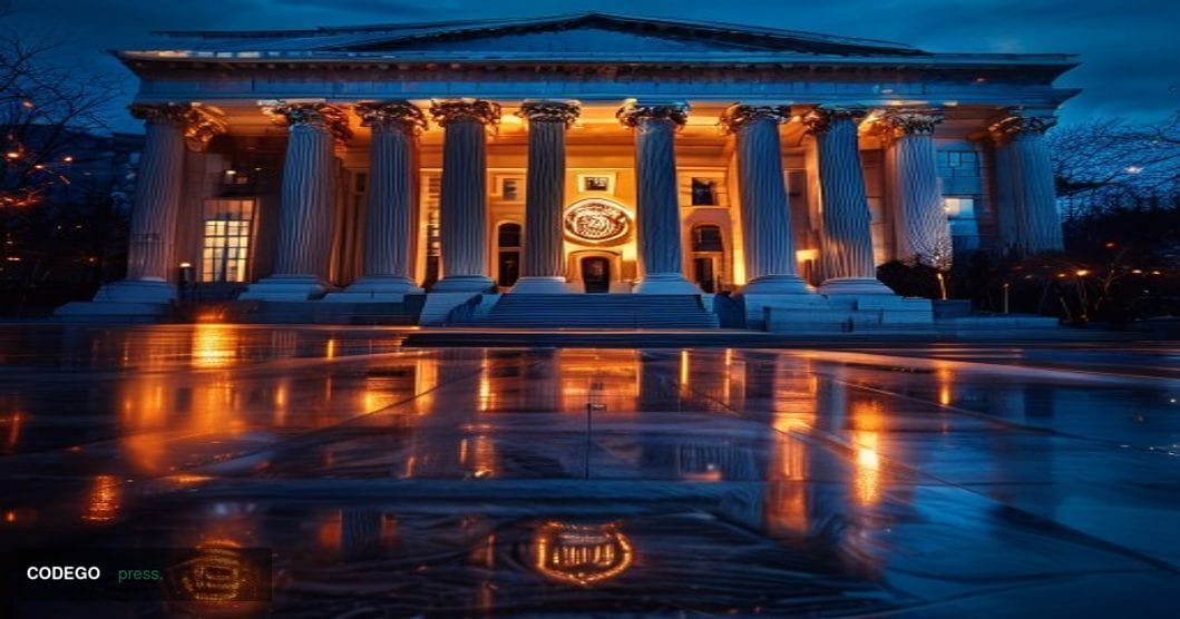 A dramatic photorealistic editorial photograph of the US Treasury Department building in Washington DC at dusk, with its icon