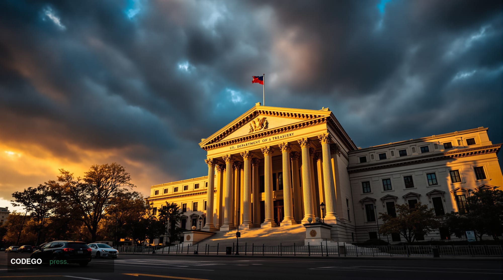 A dramatic wide-angle photograph of the US Treasury building in Washington DC at golden hour, shot from Constitution Avenue s