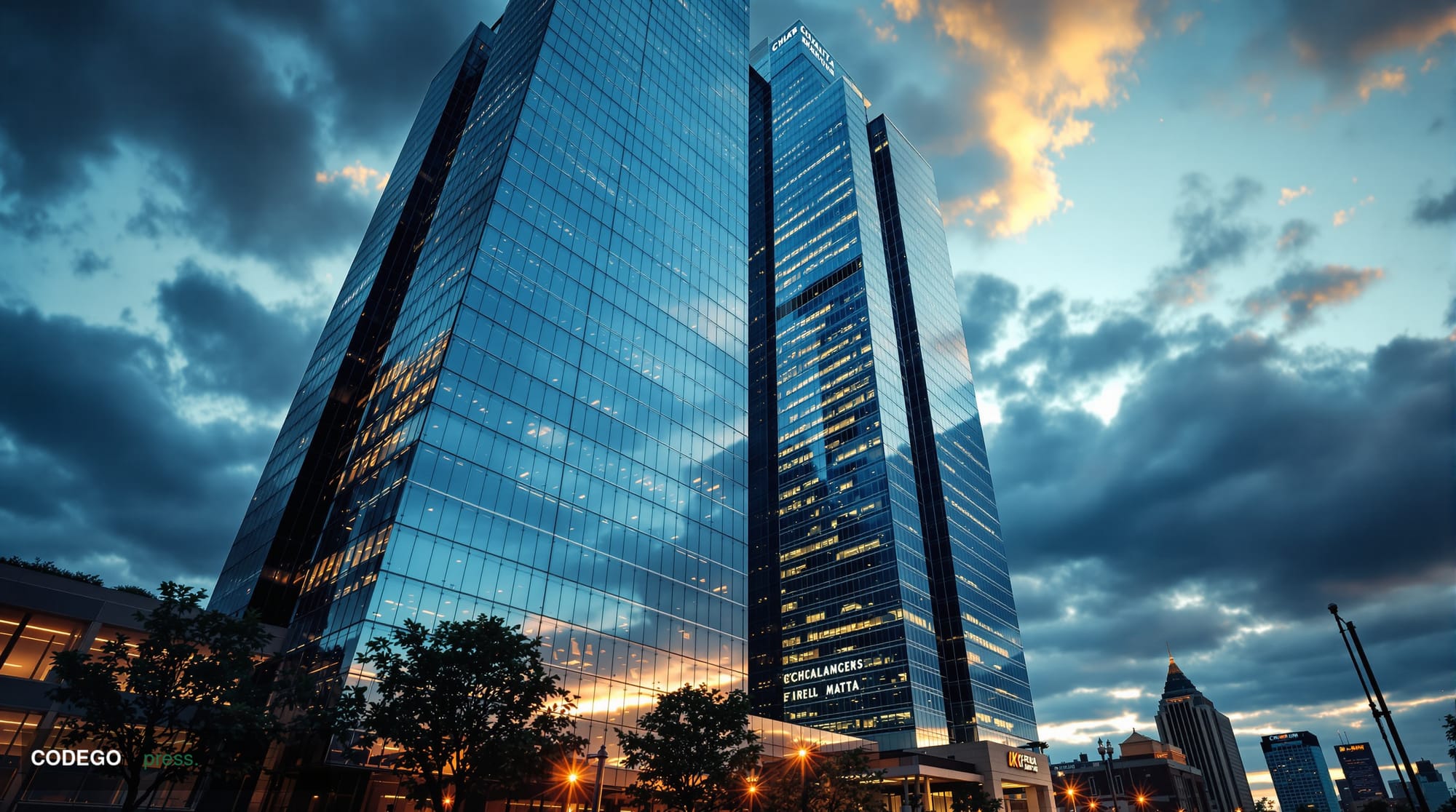A cinematic editorial photograph of Truist Center in Charlotte, North Carolina, captured during golden hour with dramatic chi