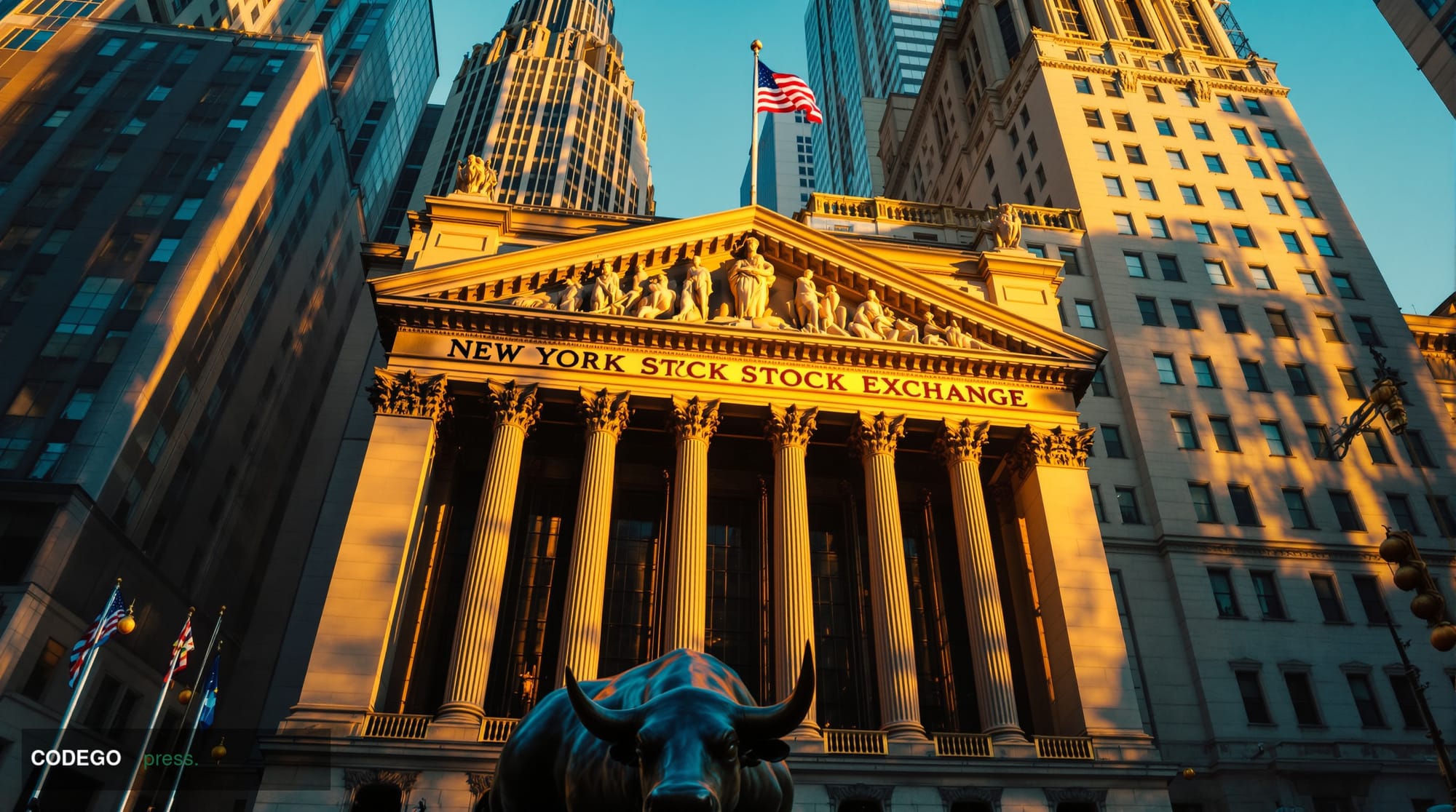 A cinematic editorial photograph of the iconic New York Stock Exchange building facade on Wall Street, captured during golden