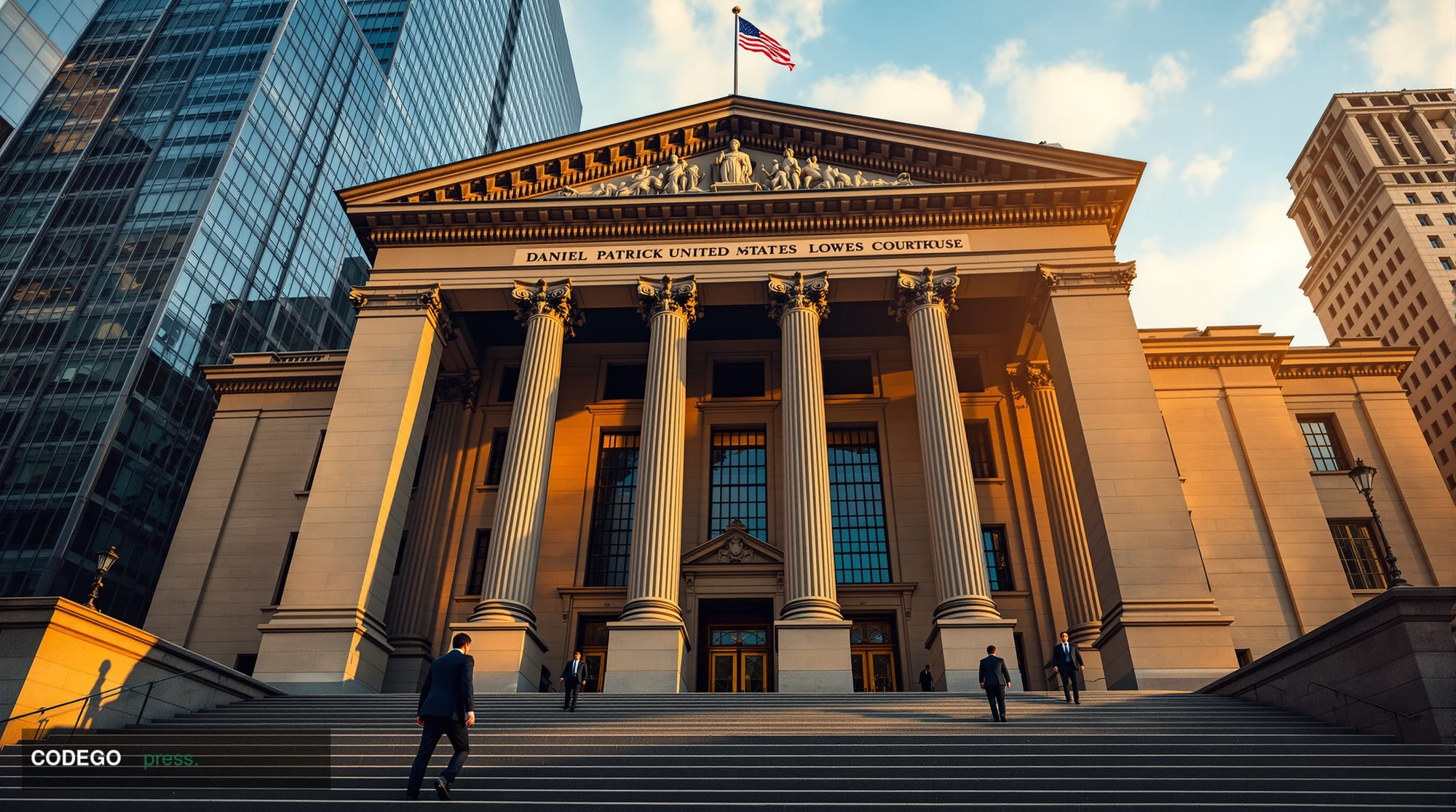 A dramatic photorealistic editorial photograph of the Daniel Patrick Moynihan United States Courthouse in Lower Manhattan, ho