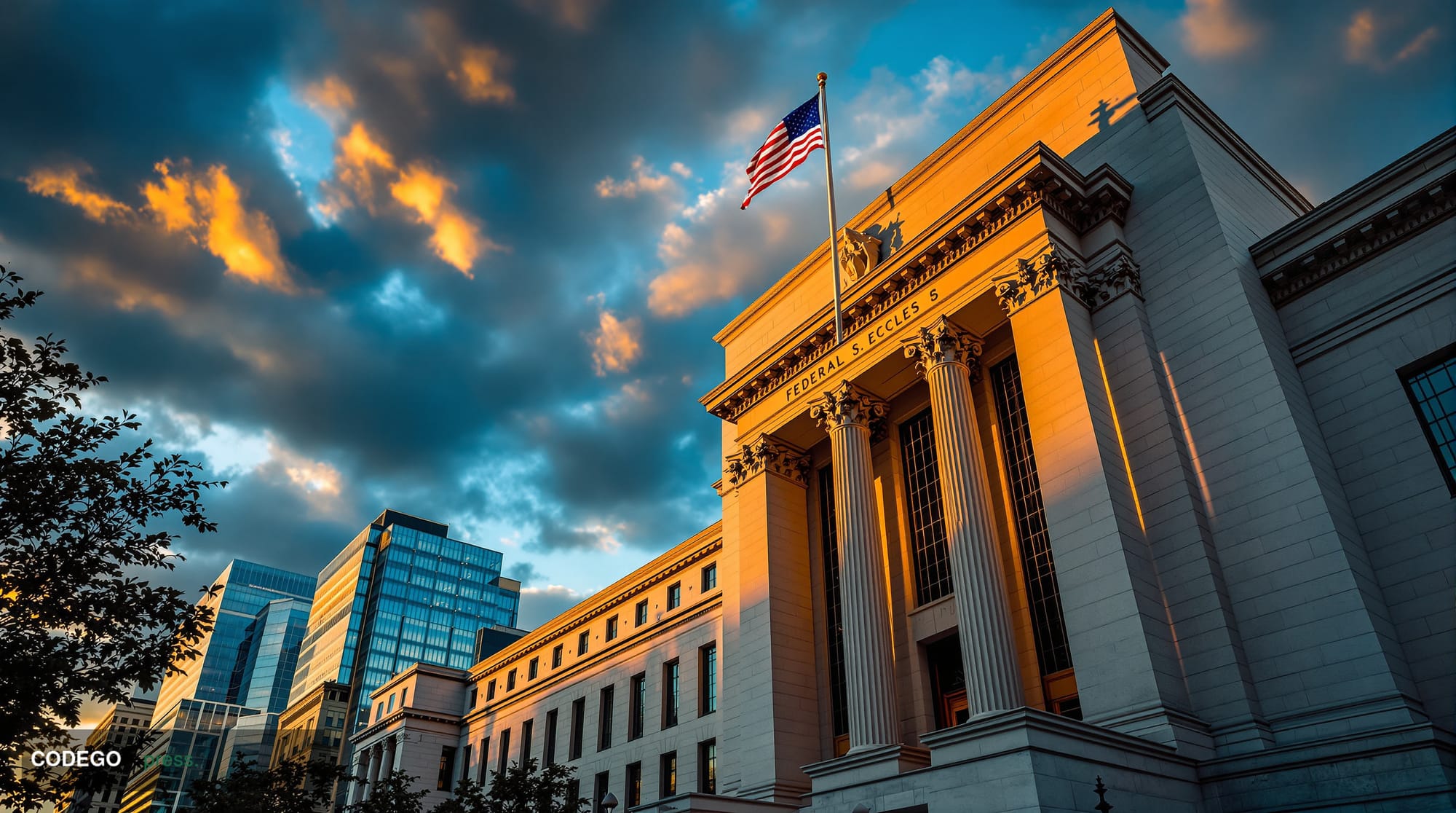 A dramatic wide-angle photograph of the Federal Reserve's Marriner S. Eccles Building in Washington DC at golden hour, shot f