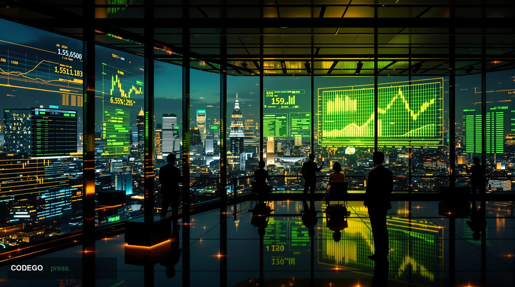 A cinematic editorial photograph capturing the intersection of geopolitics and financial markets, shot from a high-angle pers
