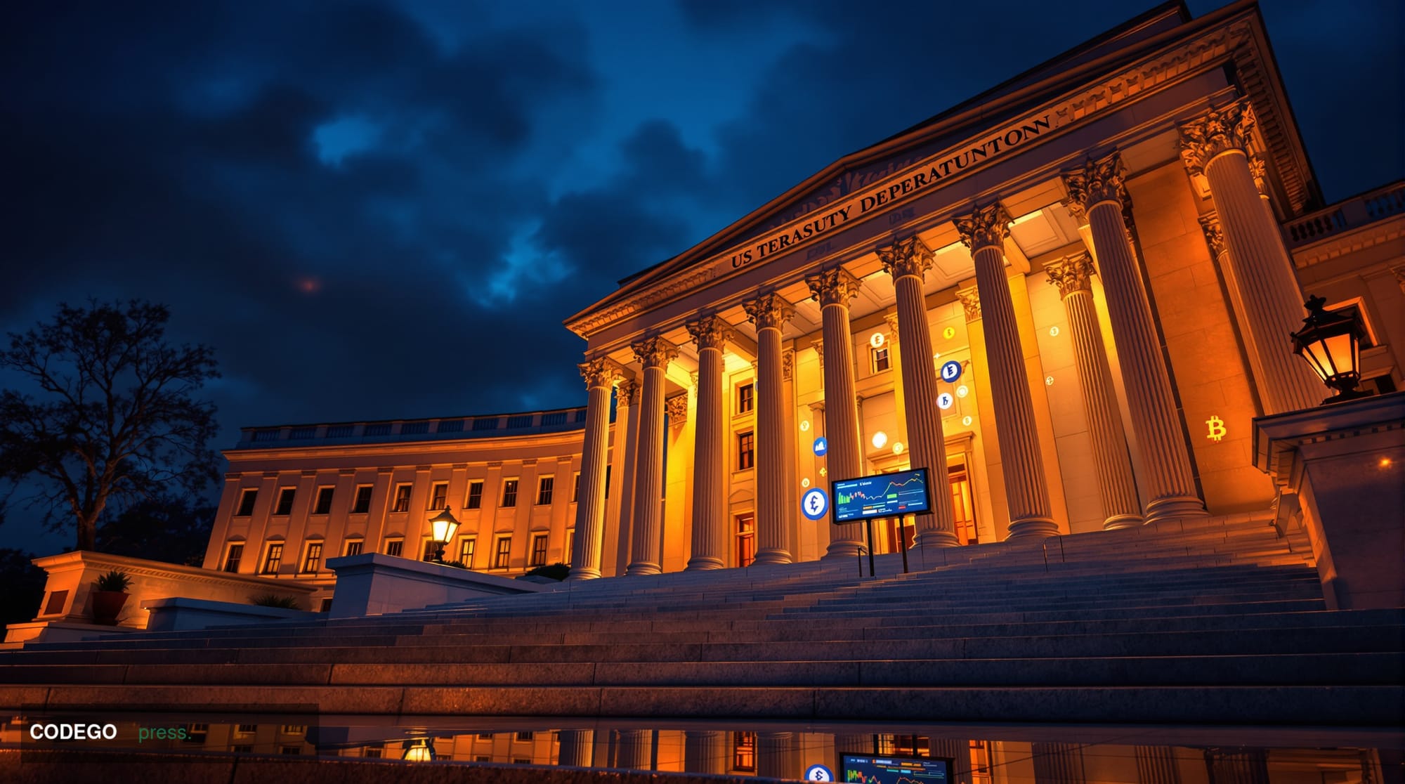 A dramatic photorealistic editorial photograph showing the imposing facade of the US Treasury Department building in Washingt