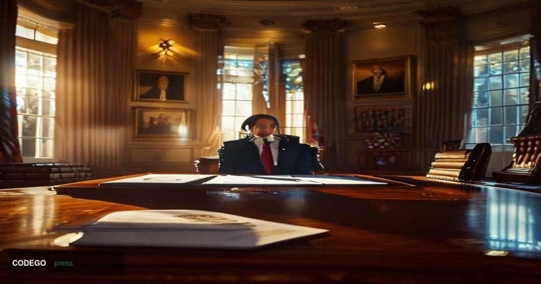 A cinematic editorial photograph of the White House Oval Office during an executive order signing ceremony, shot from a three