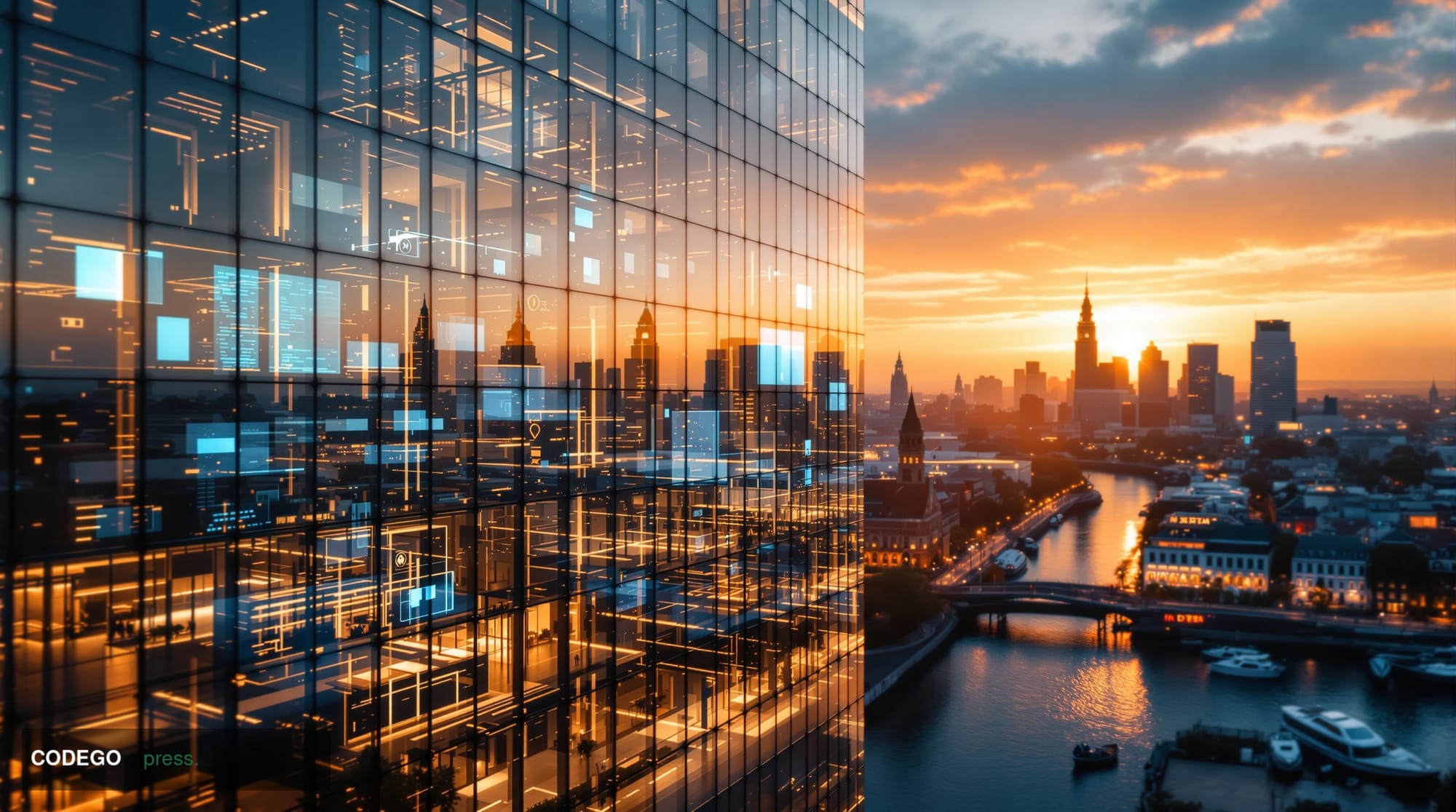 A dramatic wide-angle photograph of San Francisco's financial district at golden hour, with Framework Ventures' modern office