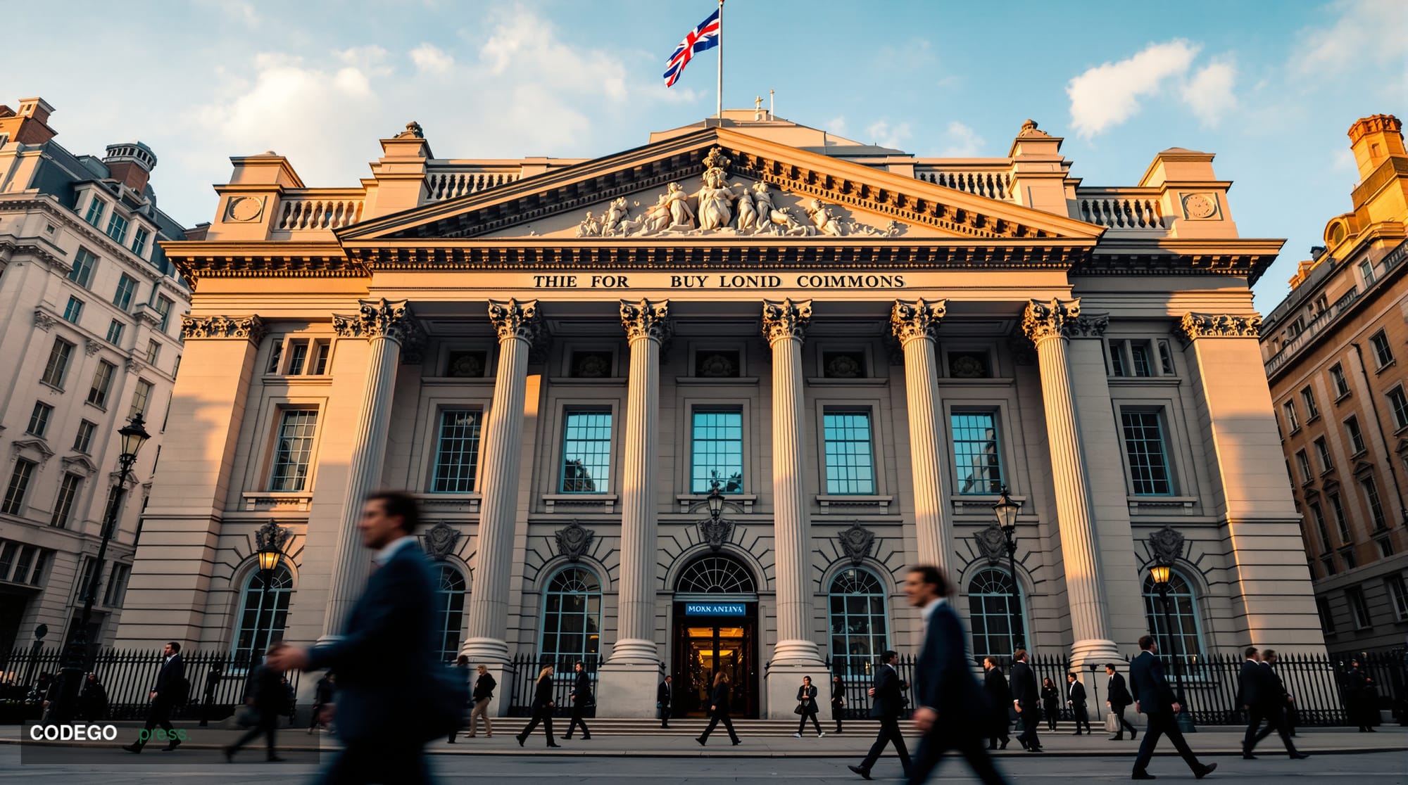 A dramatic cinematic photograph of the UK Cabinet Office building in Whitehall, London, captured during the golden hour with 