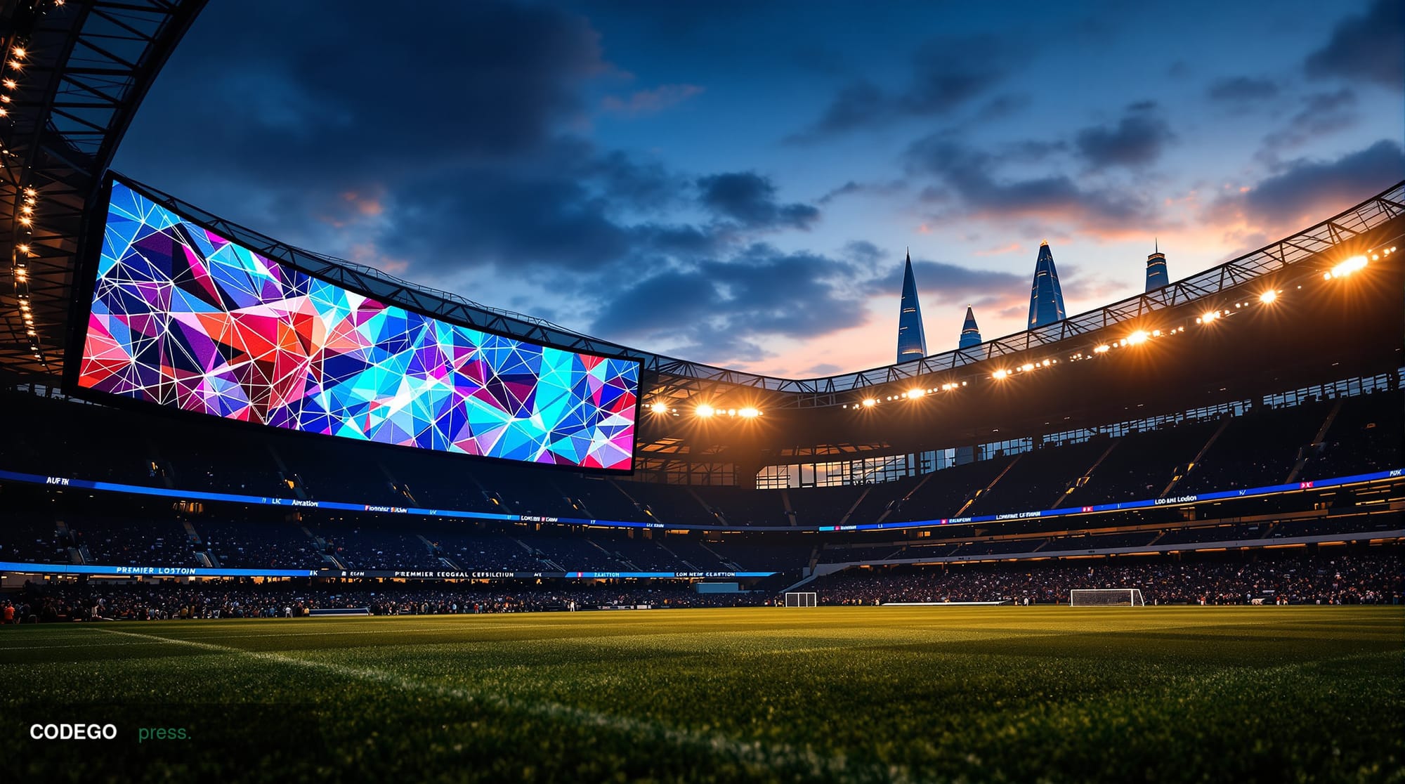 A dramatic editorial photograph of a Premier League football stadium at twilight, with the iconic architecture of a major Eng