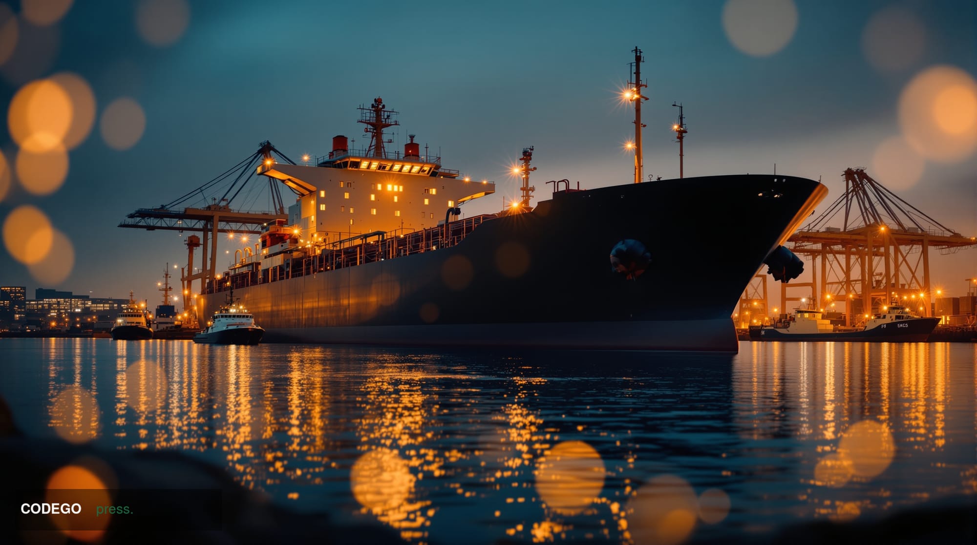 A dramatic cinematic photograph of a large commercial oil tanker detained in a British port at dusk, with the vessel's imposi