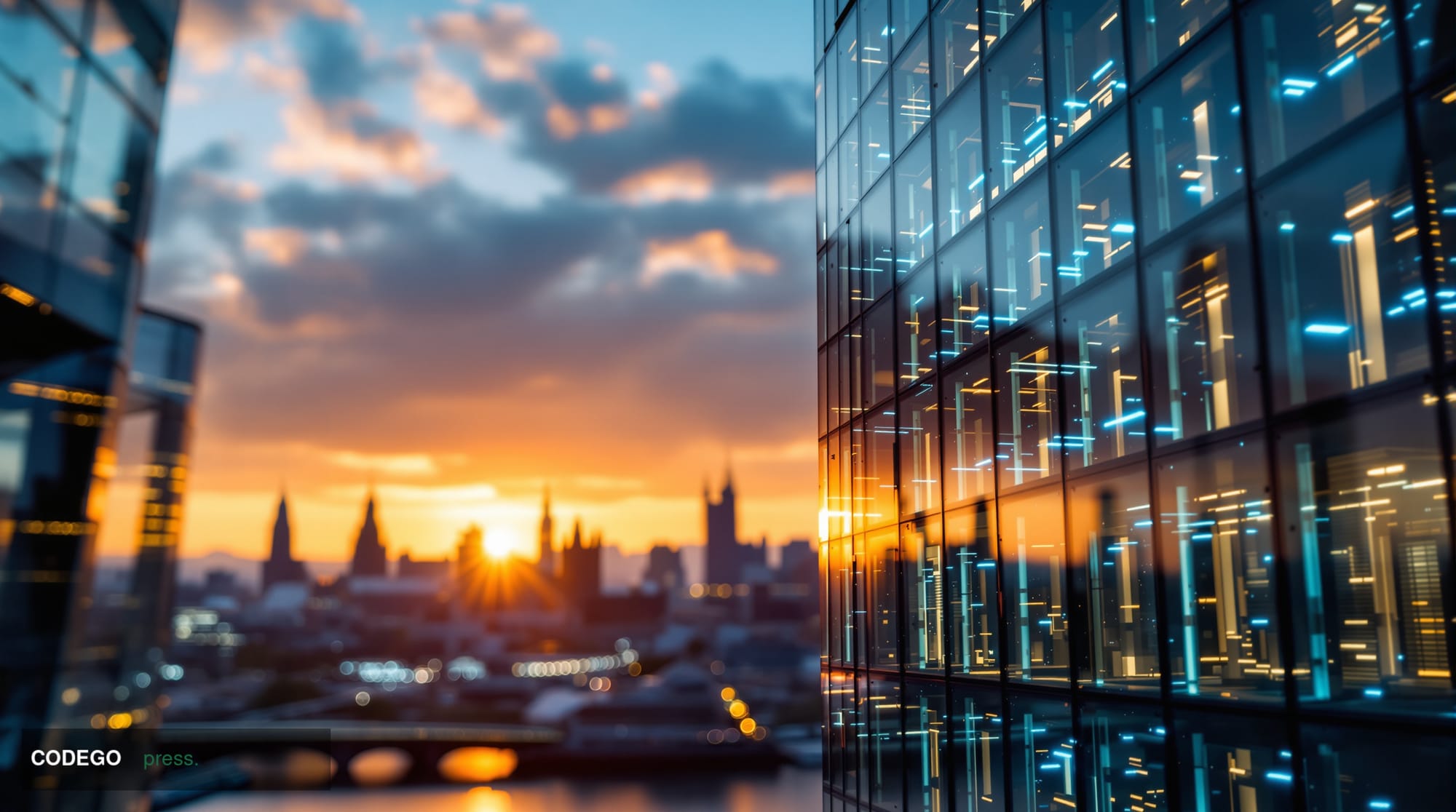 A striking cinematic editorial photograph capturing the heart of London's financial district at golden hour, with the iconic 
