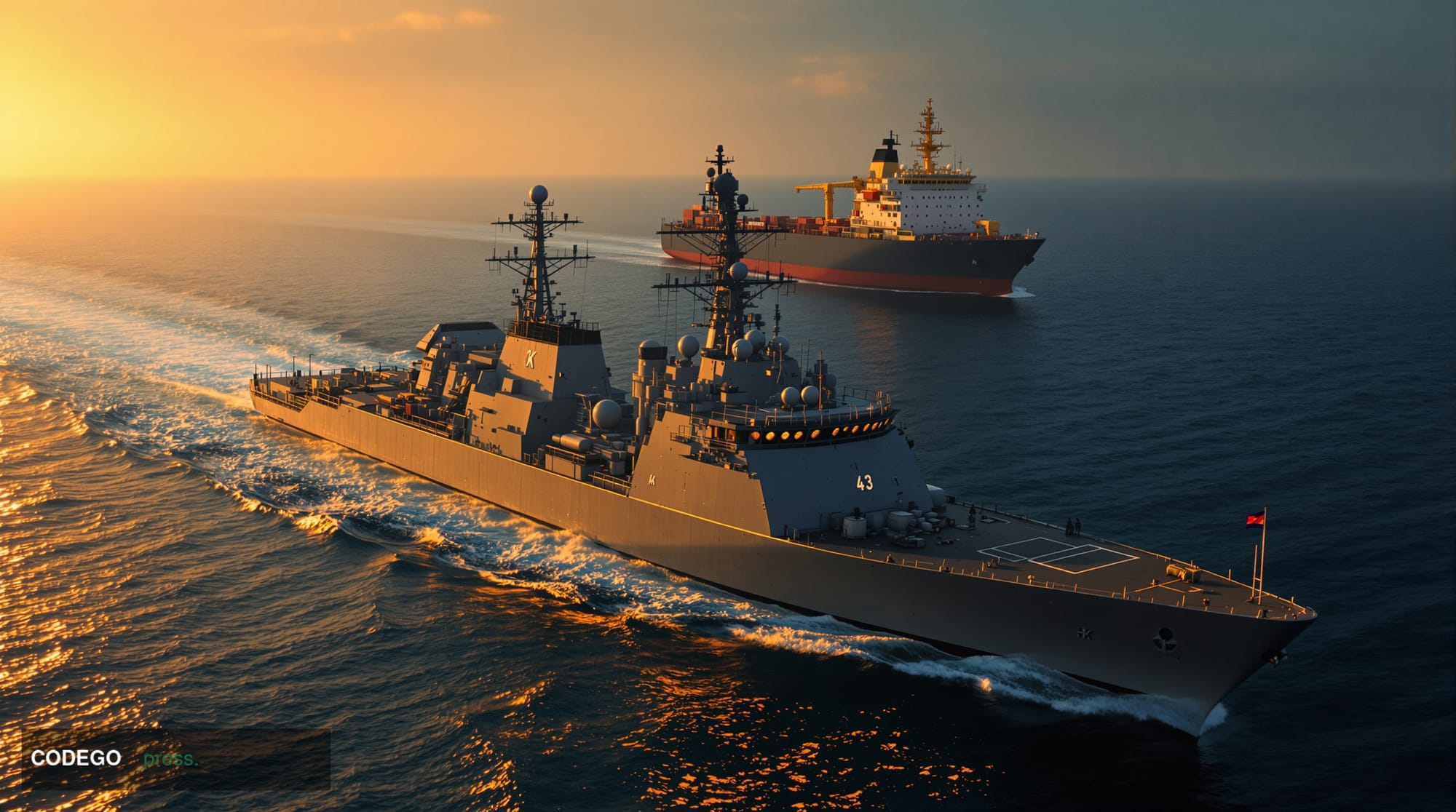 A dramatic cinematic editorial photograph capturing a US naval vessel in the vast Indian Ocean conducting an enforcement oper