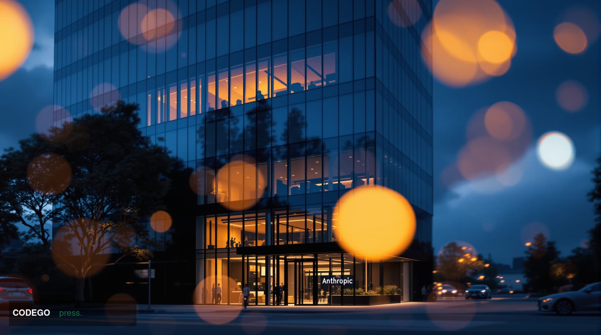 A dramatic photorealistic editorial photograph showing the exterior of Anthropic's San Francisco headquarters at dusk, with t