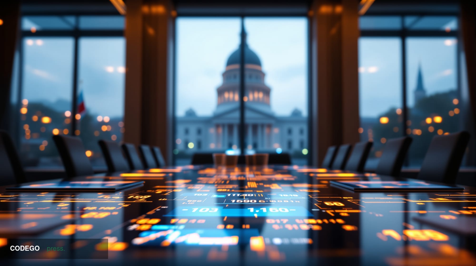 A dramatic photorealistic editorial photograph showing the intersection of digital finance and international diplomacy. The f