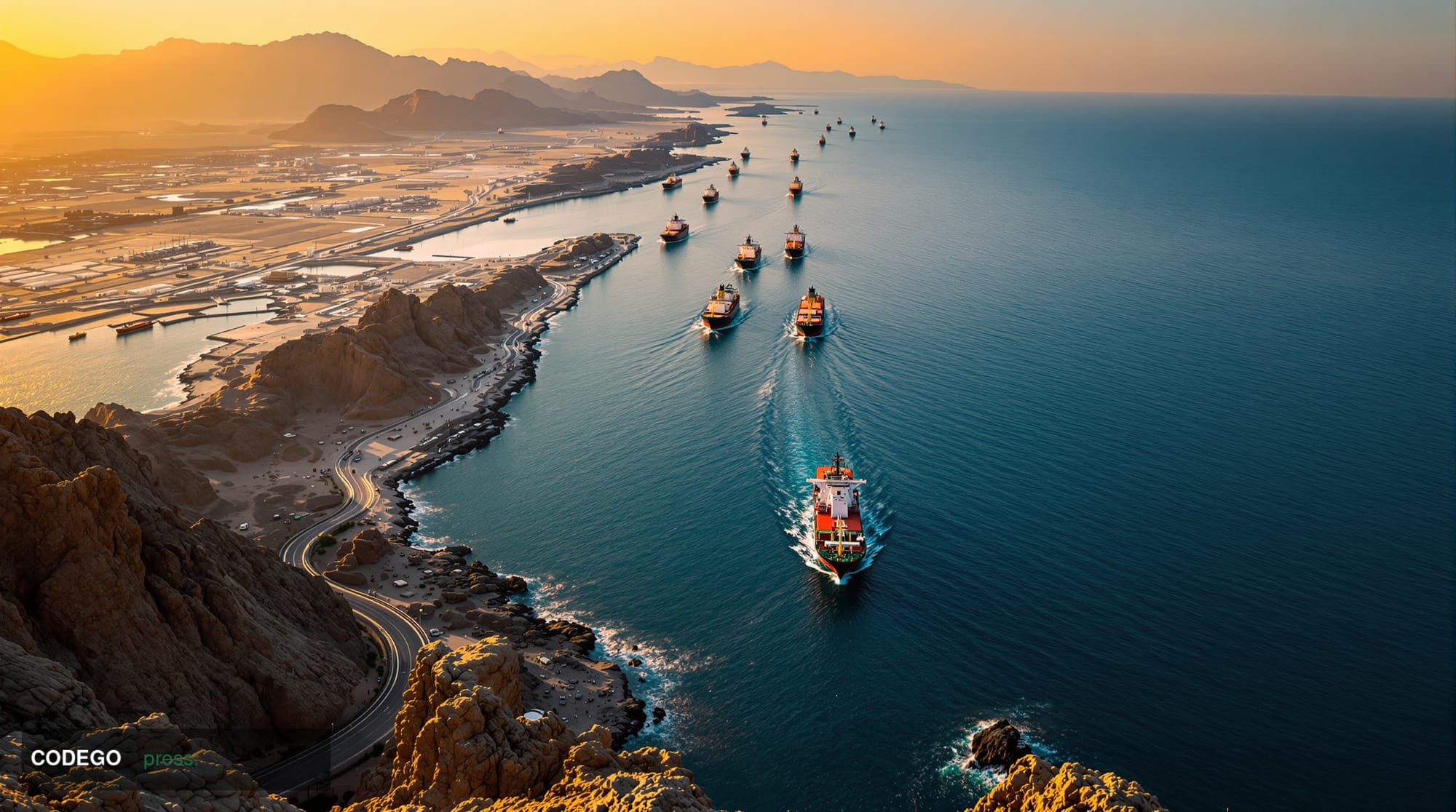 A dramatic editorial photograph showing the Strait of Hormuz from an elevated perspective, capturing the narrow waterway with